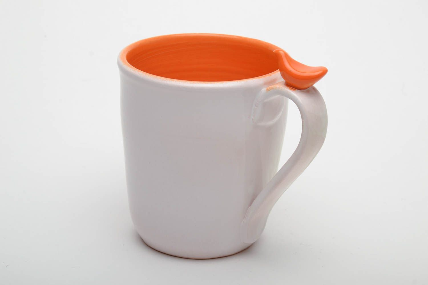 White ceramic porcelain drinking 8 oz cup with handle and orange color inside photo 3