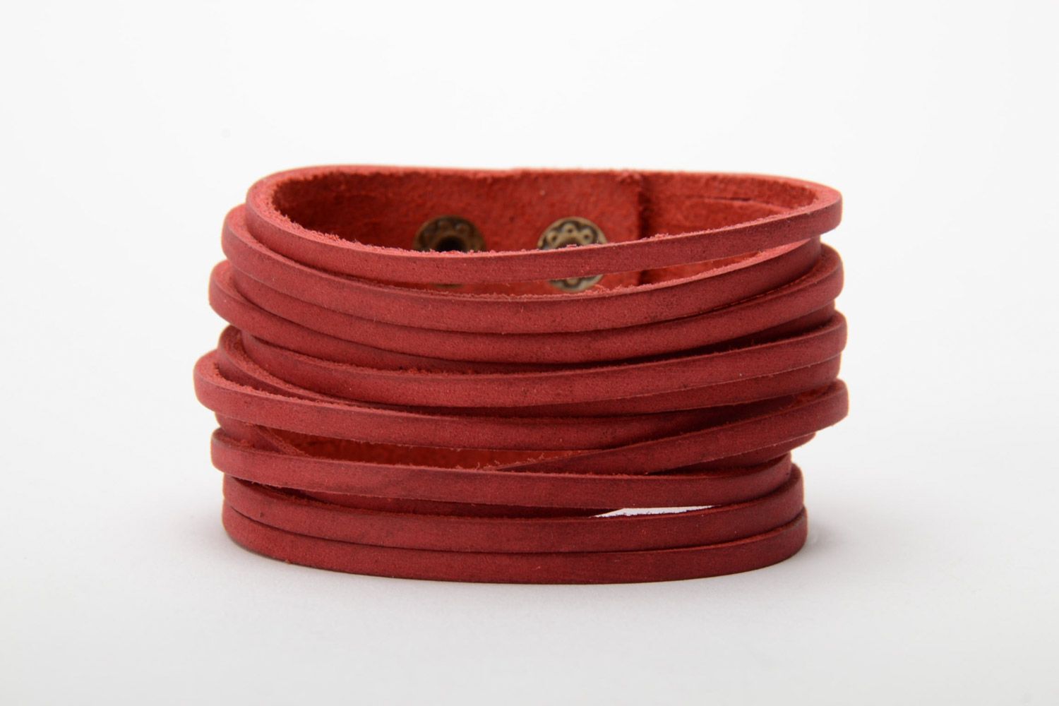 Handmade genuine leather wide wrist bracelet of red color 65 mm photo 3