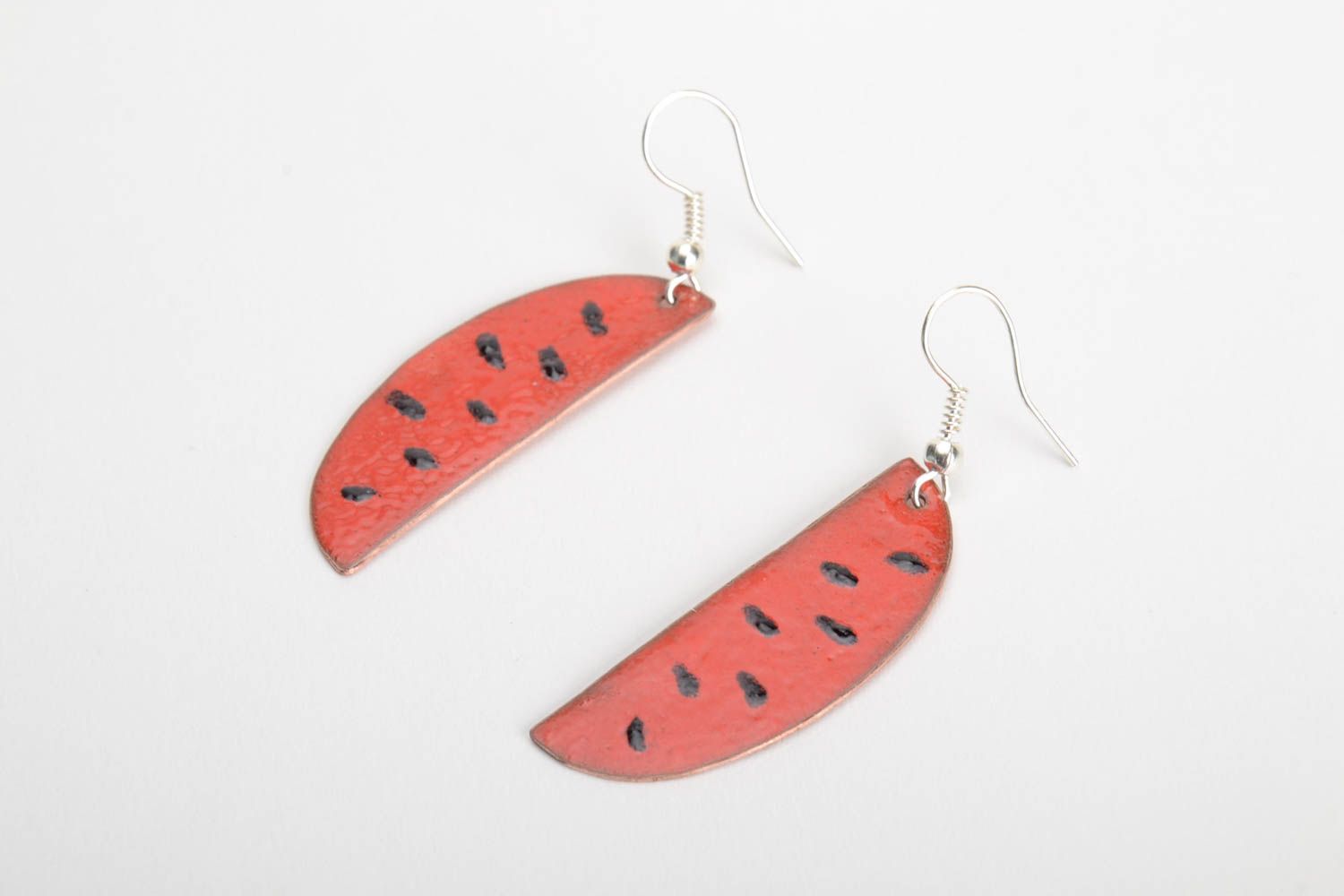 Copper earrings with hot enamel-painting red with black stylish accessory photo 2