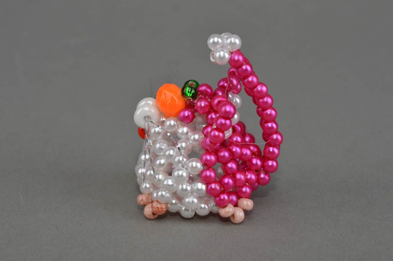 Handmade designer miniature animal figurine of pink white cat woven of beads  photo 2