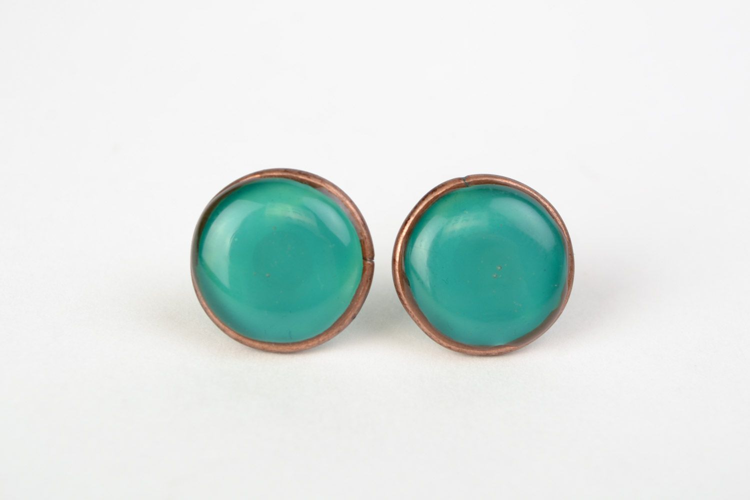 Handmade small tender stud earrings with jewelry glaze of turquoise color photo 3