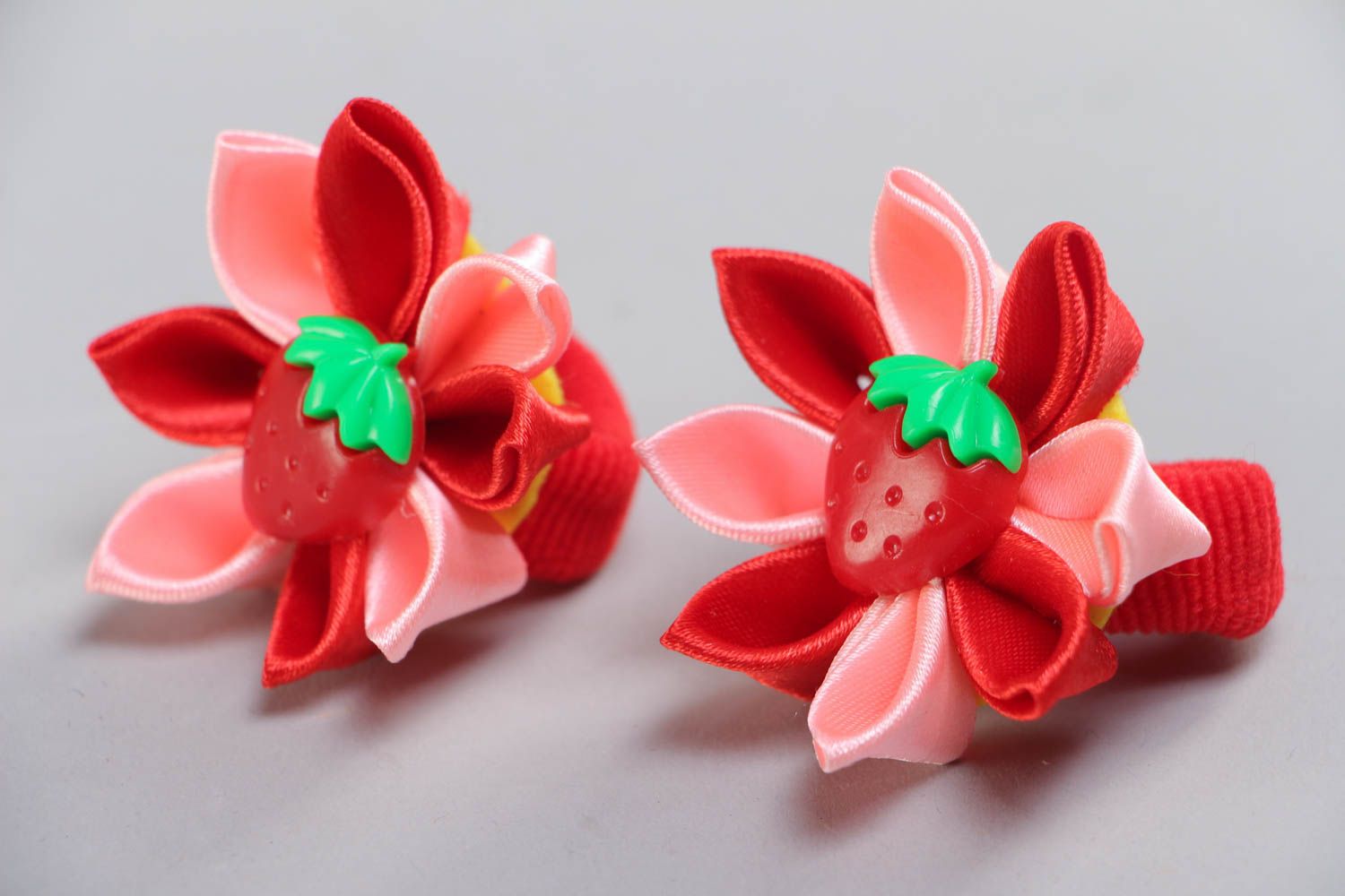 Handmade festive hair ties with red satin ribbon kanzashi flowers set of 2 items photo 2