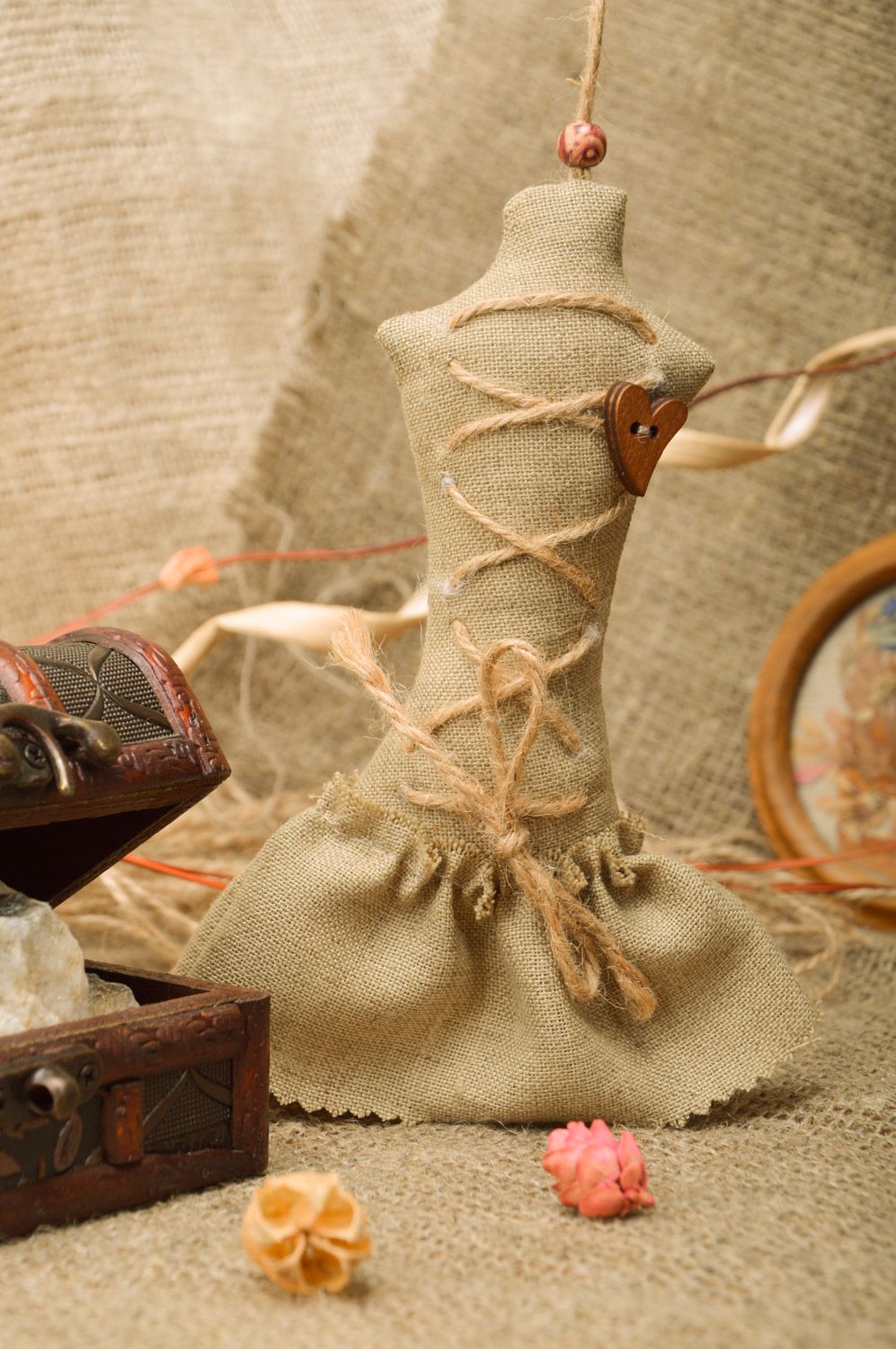 Cute handmade fragrant sachet pillow in the shape of dress sewn of linen photo 1