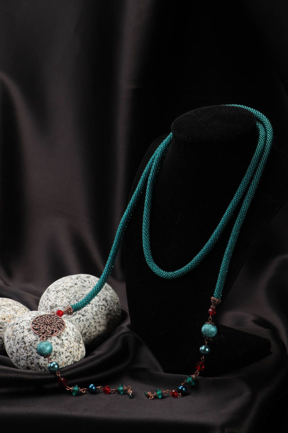 Handmade beaded cord necklace accessory with ceramic pearls designer jewelry photo 1