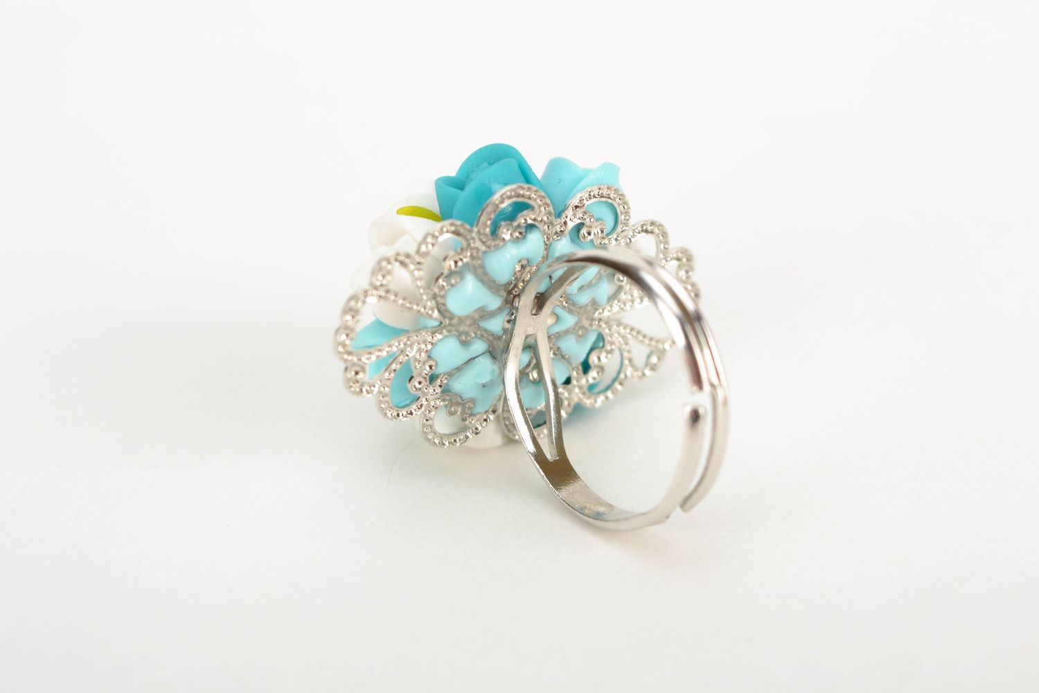 Polymer clay ring with turquoise roses photo 4