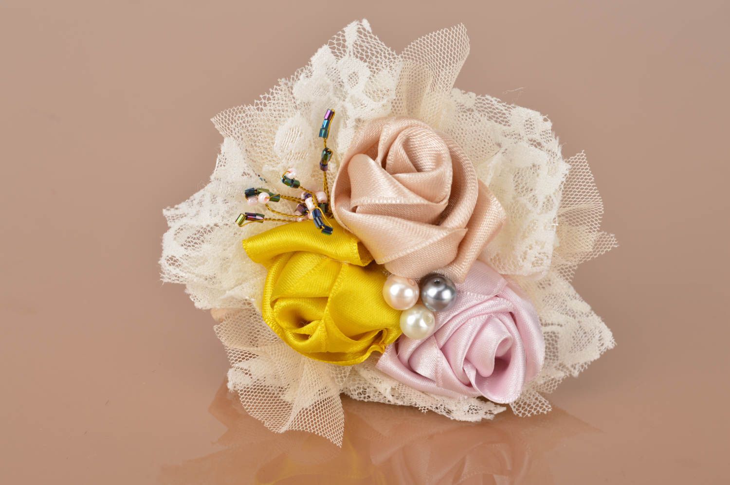Brooch hairpin with flowers made of satin ribbons handmade bouquet of roses photo 2