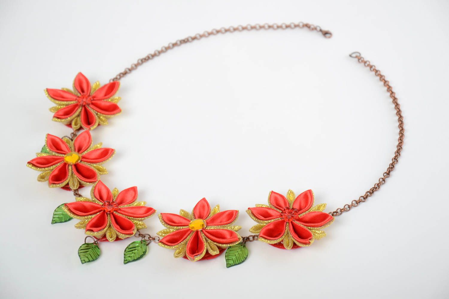 Handmade designer floral necklace with bright satin ribbon kanzashi flowers photo 4