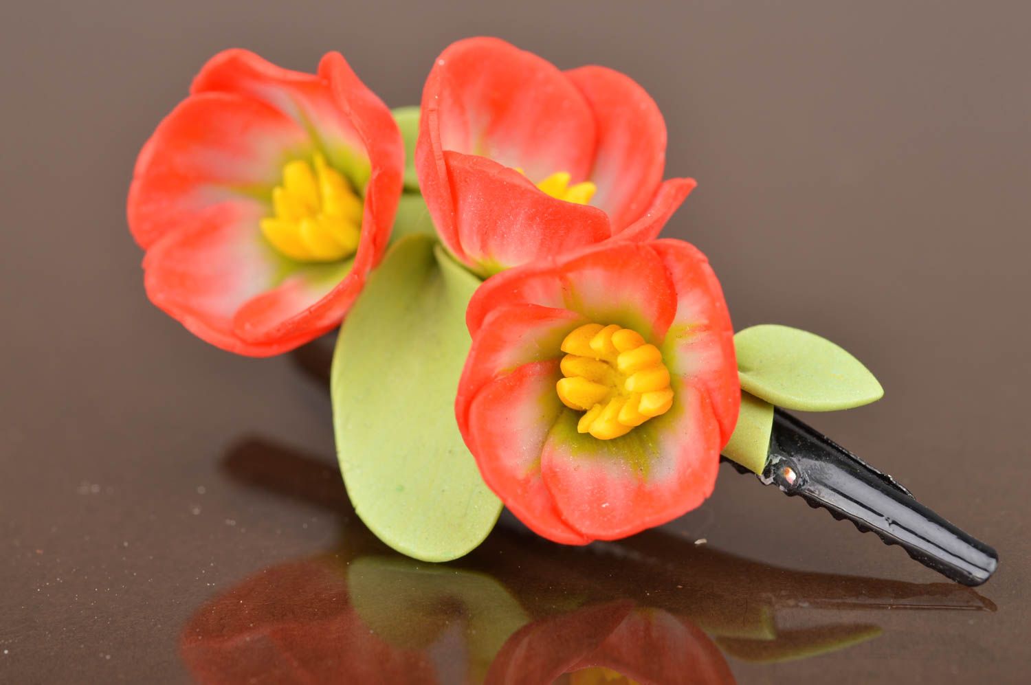 Red and yellow handmade designer polymer clay flower barrette photo 3