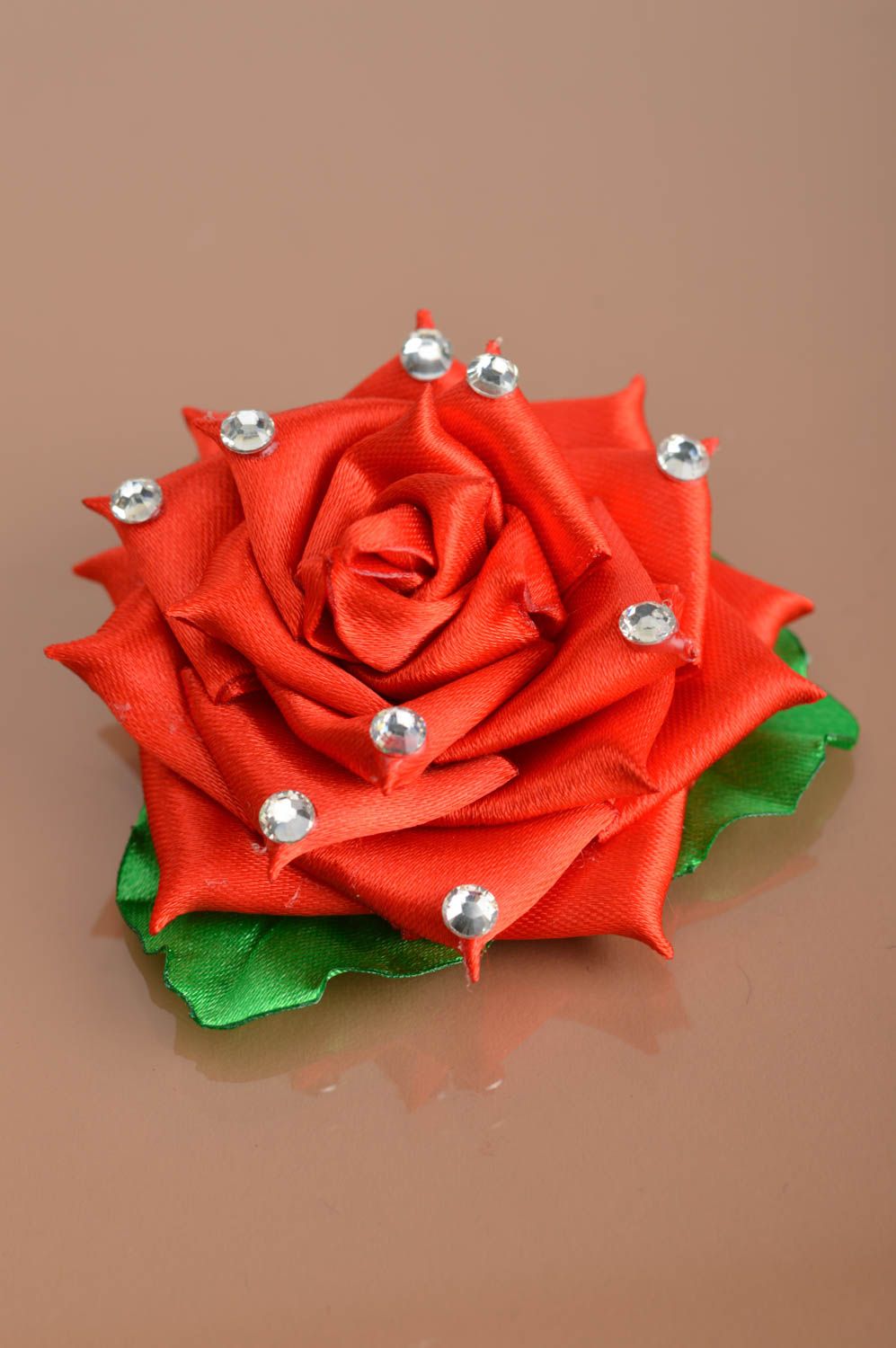 Handmade designer hair tie with red ribbon rose flower with rhinestones photo 3