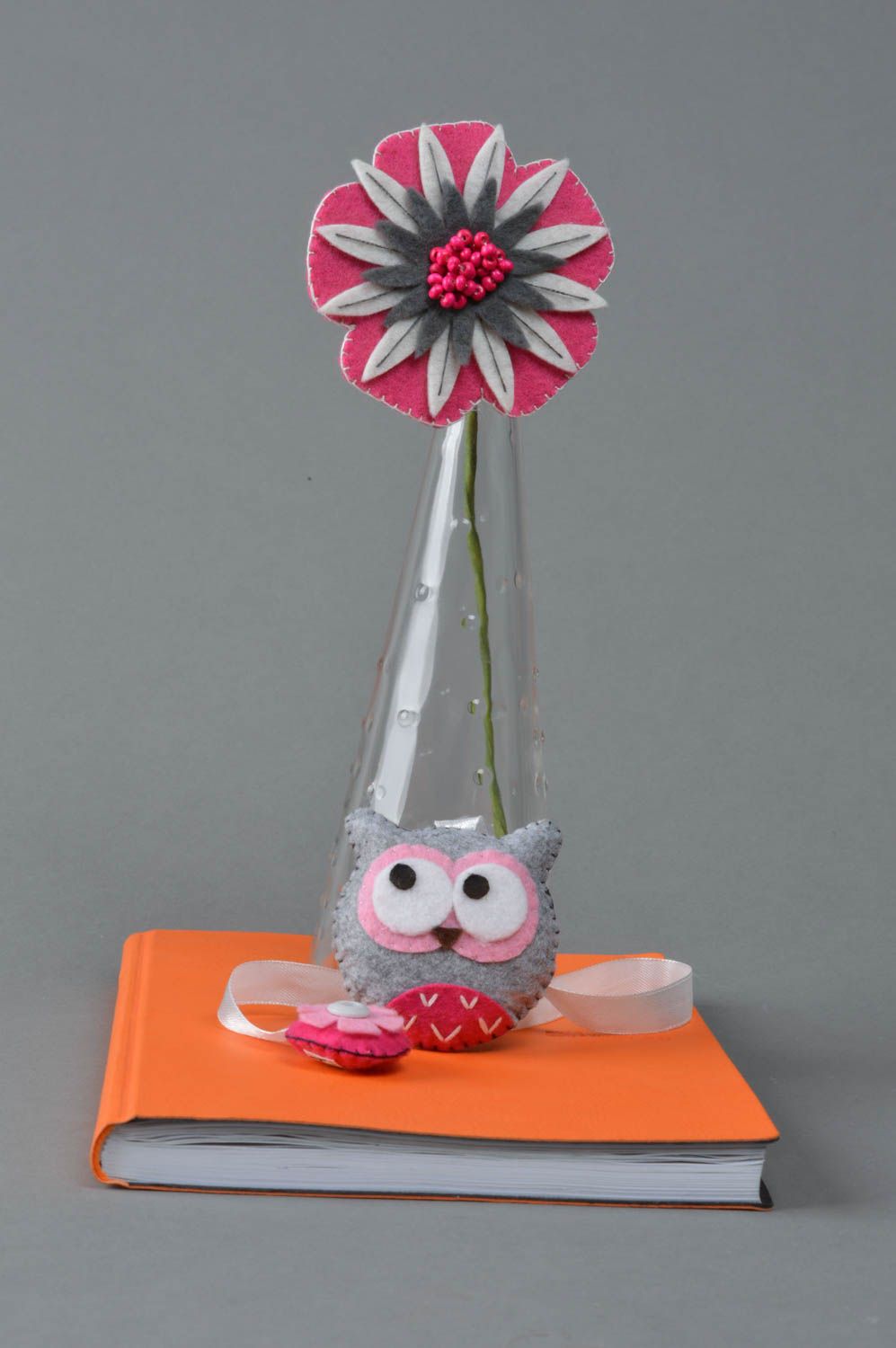 Handmade designer ribbon bookmark with gray felt toy owl charm with embroidery photo 1