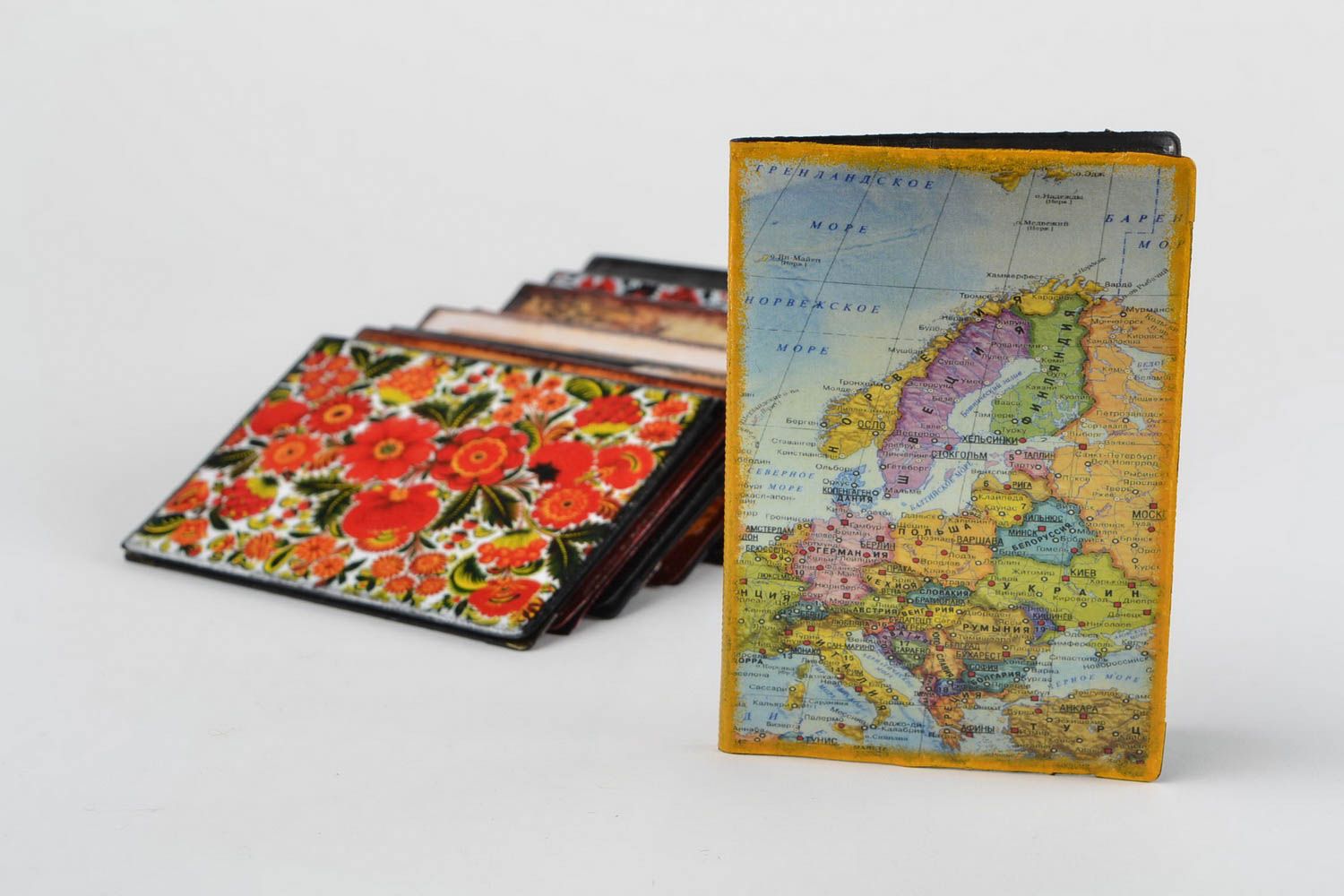 Handmade designer decoupage faux leather passport cover with map of the world photo 1
