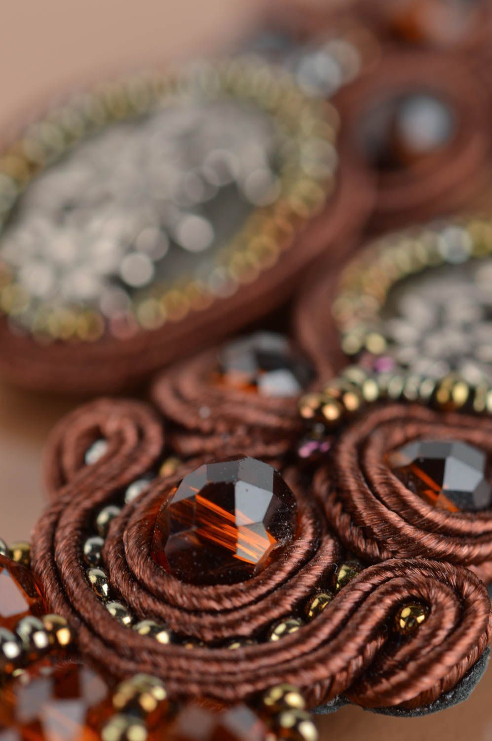 Beautiful handmade long brown soutache earrings with crystals for women photo 4