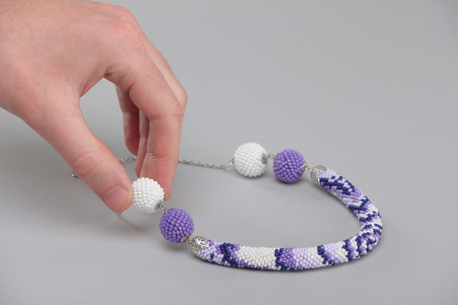 Unusual white and violet handmade beaded cord necklace with Czech seed beads photo 5