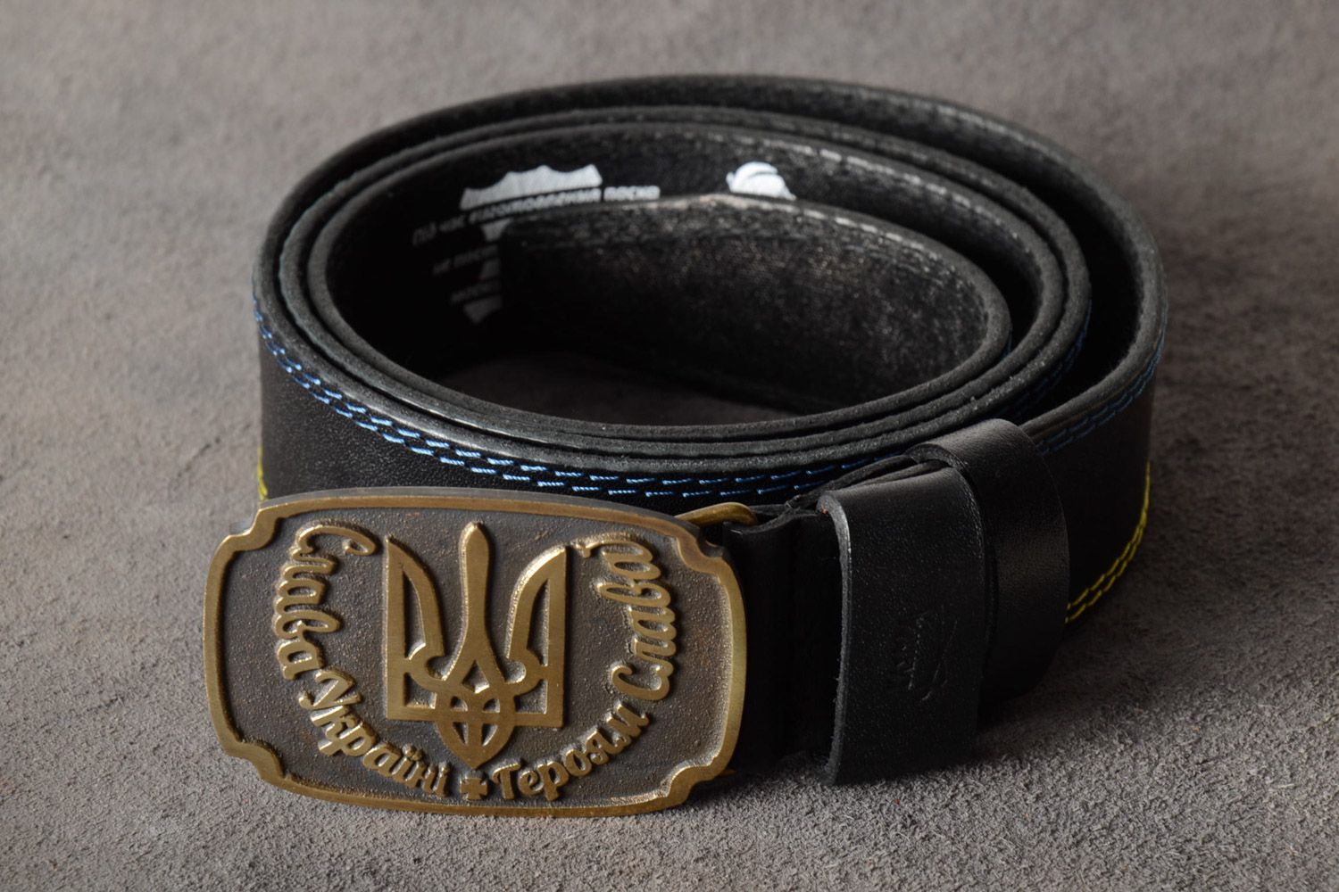 Handmade genuine leather belt with metal buckle and stamping Coat of Arms of Ukraine photo 1