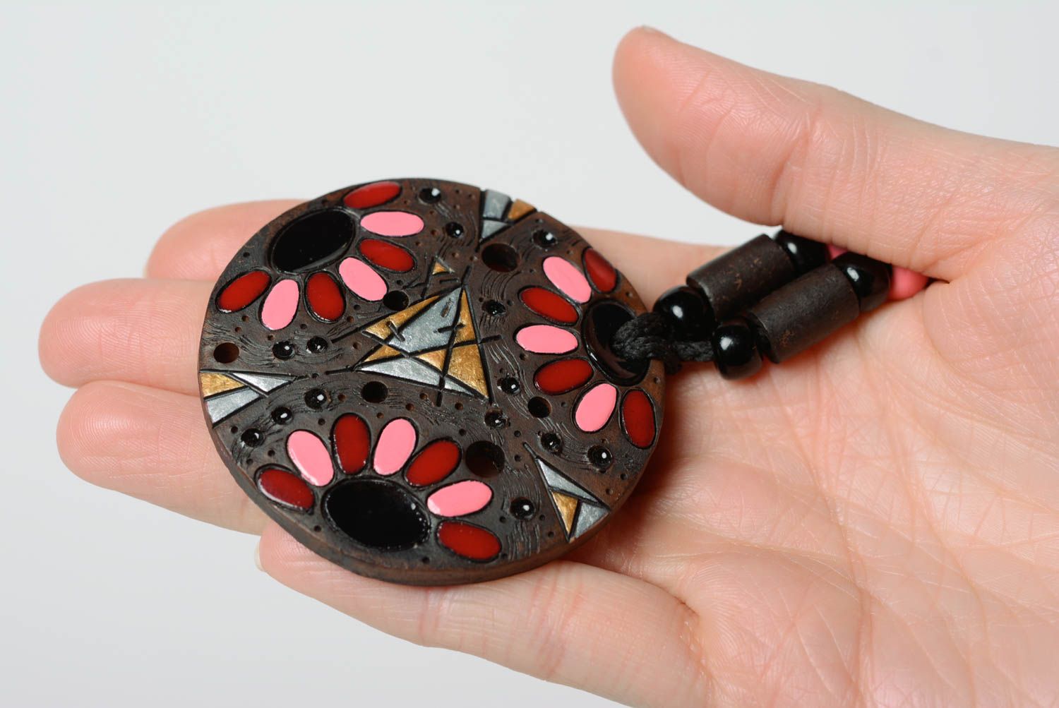 Clay handmade pendant with beautiful enamel painting stylish designer jewelry photo 3