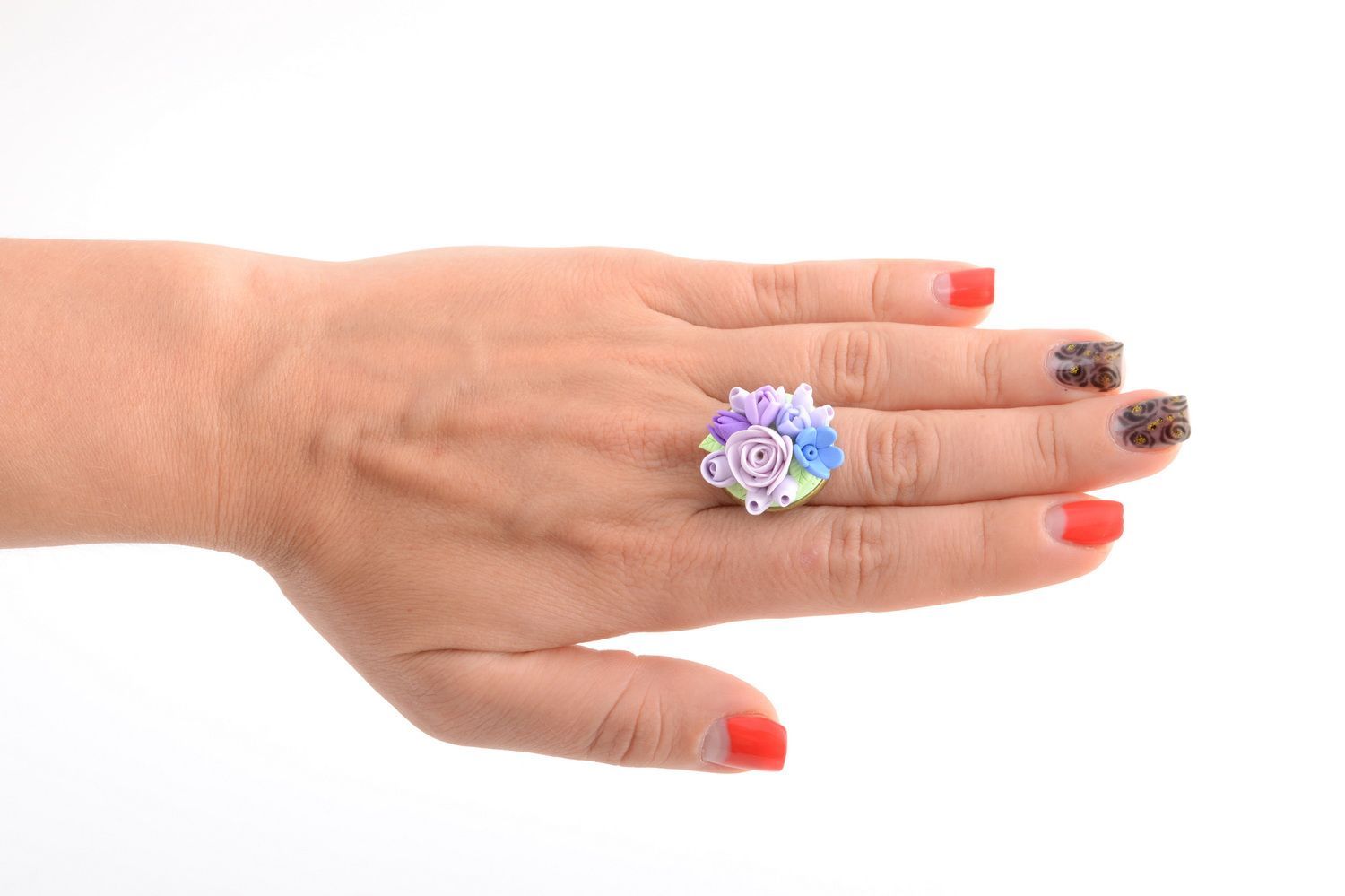 Handmade designer jewelry ring with metal basis and polymer clay blue flowers photo 5