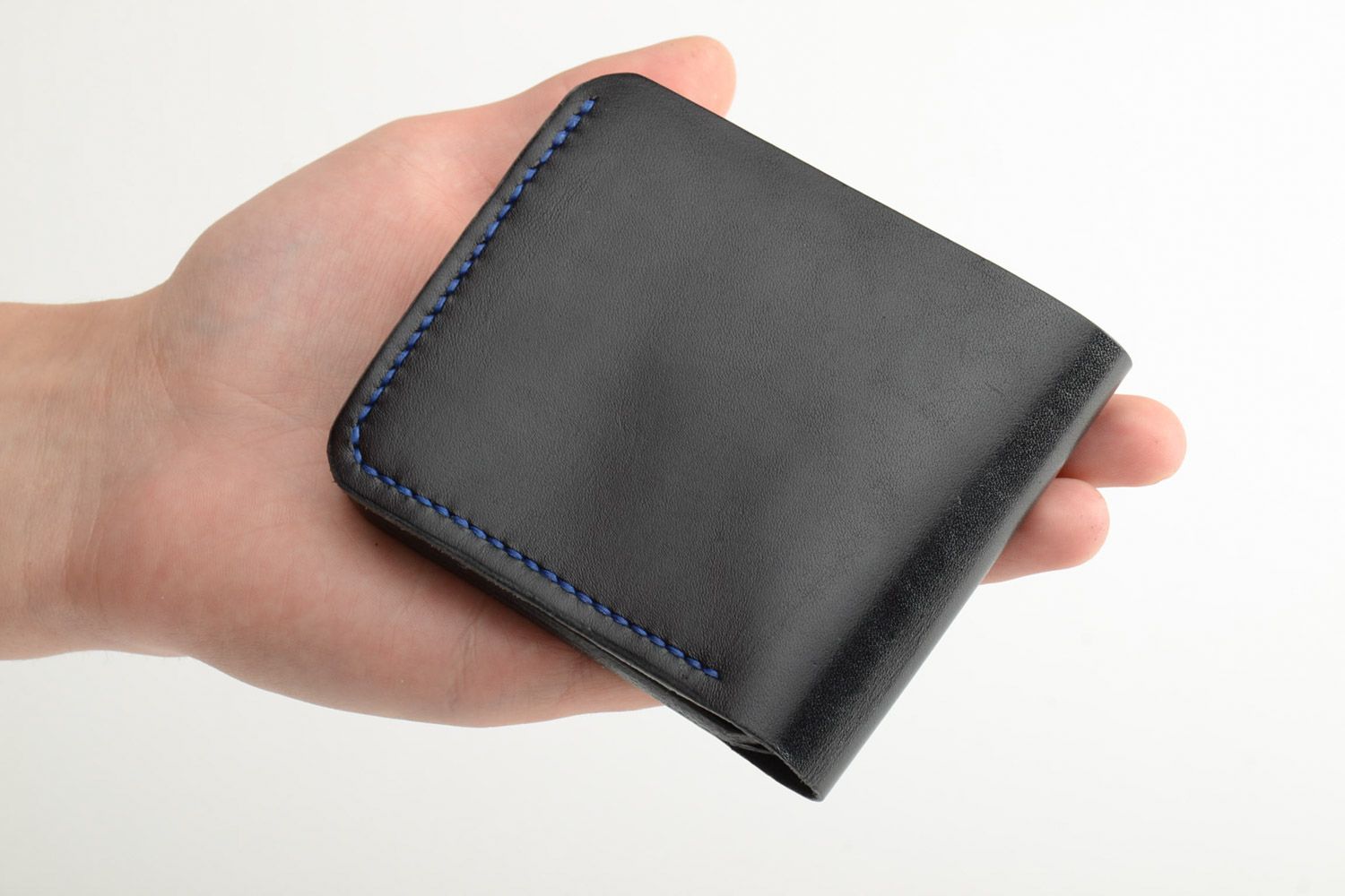 Homemade genuine leather wallet of black color with three departments for men photo 5