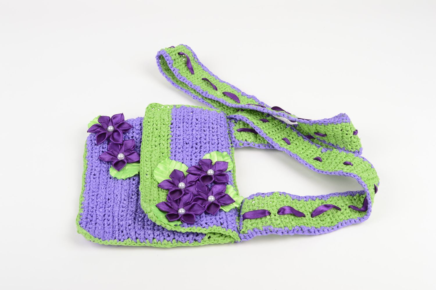 Handmade bag for children on harness little light green and lilac bag  photo 1