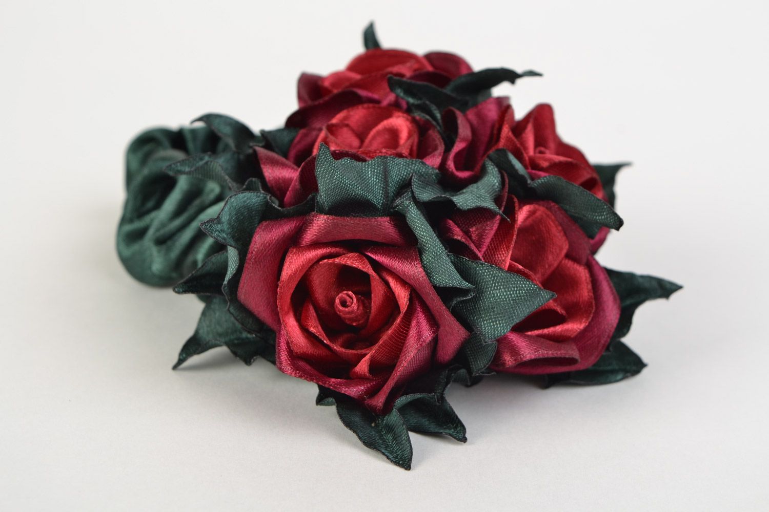 Dark red and green handmade volume fabric flower hair tie photo 5