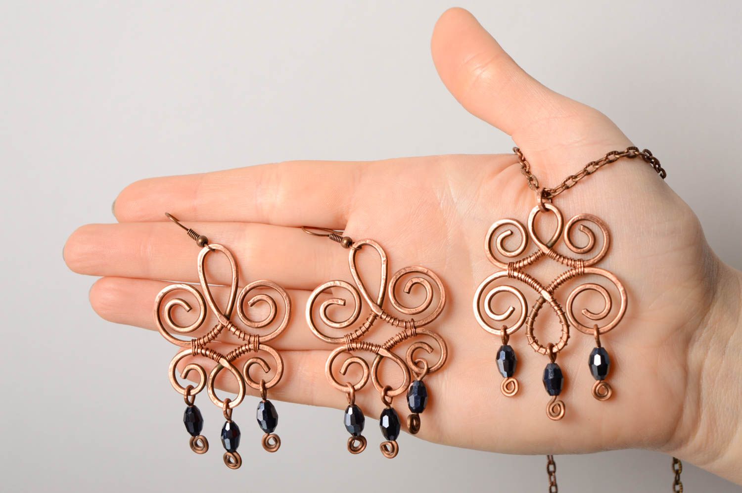 Ensemble de bijoux en cuivre technique de wire wrap boucles d'oreilles et pendentif Leyla photo 3