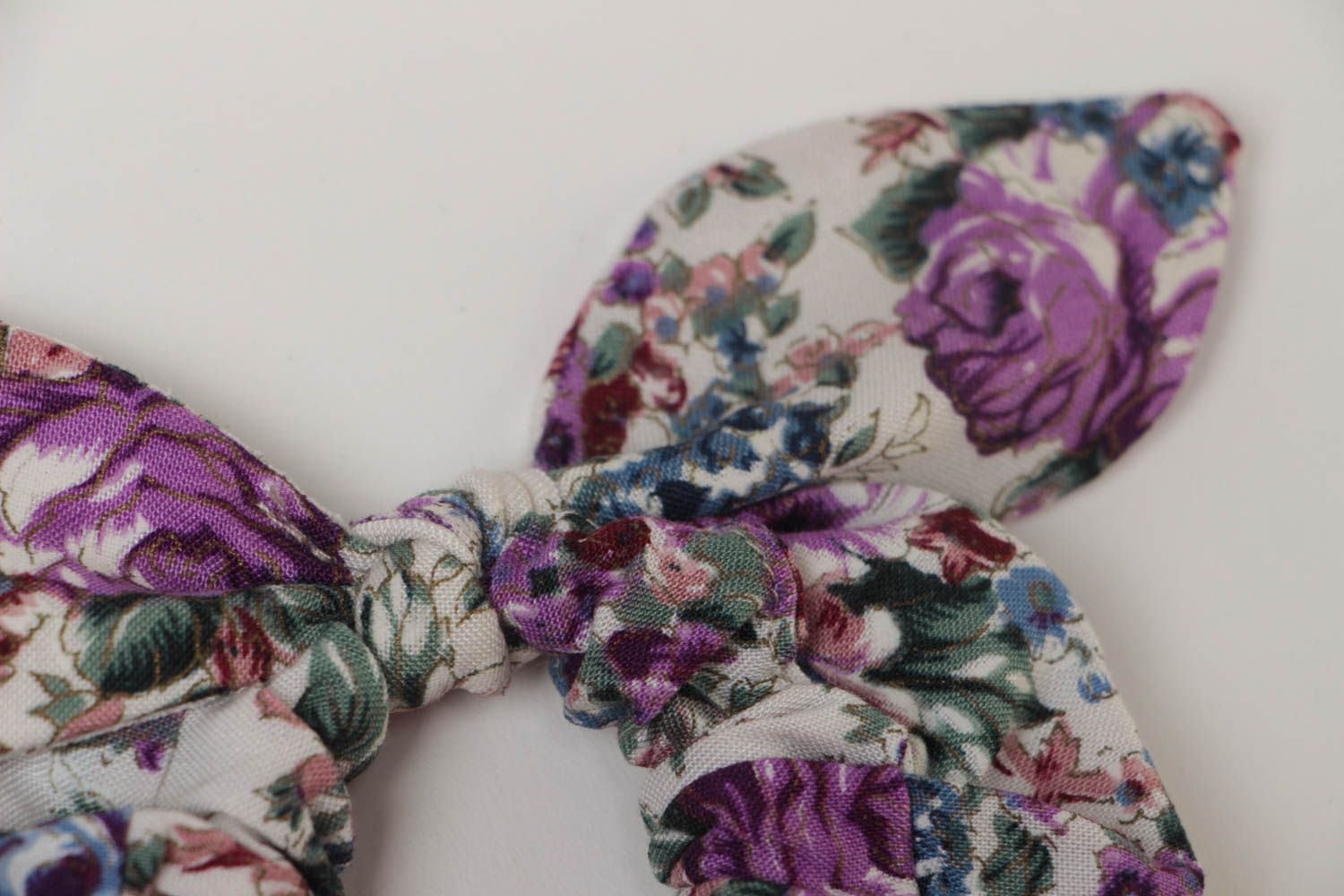 Decorative handmade viscose fabric hair band with violet floral pattern with bow photo 4