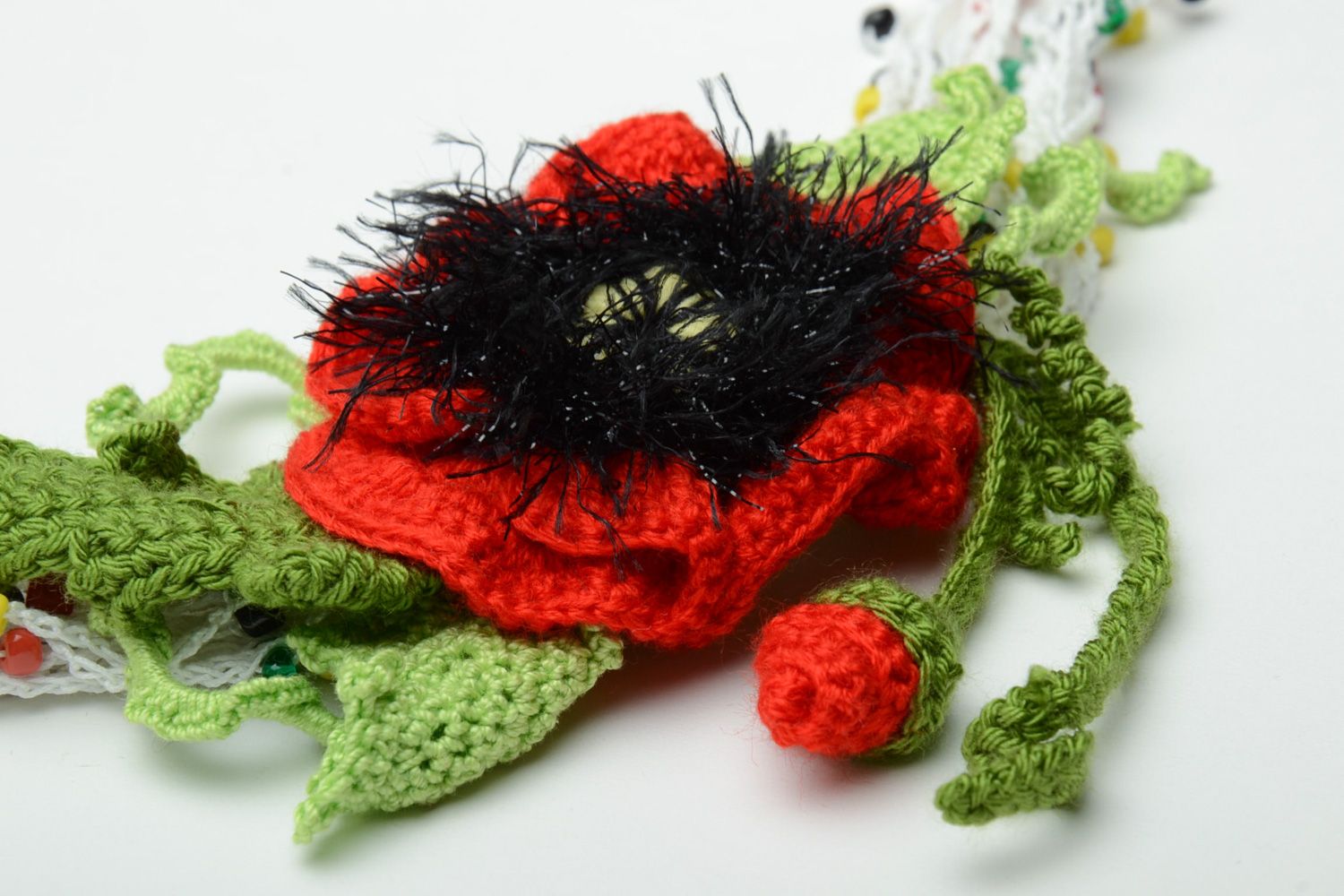 Acrylic and cotton hand crochet necklace with poppy flower photo 3