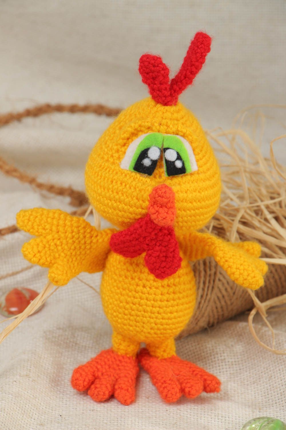 Handmade soft toy crocheted of acrylic threads in the shape of yellow chicken photo 1