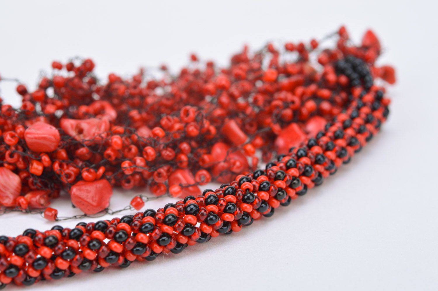 Festive handmade evening necklace woven of Czech beads of red color photo 5