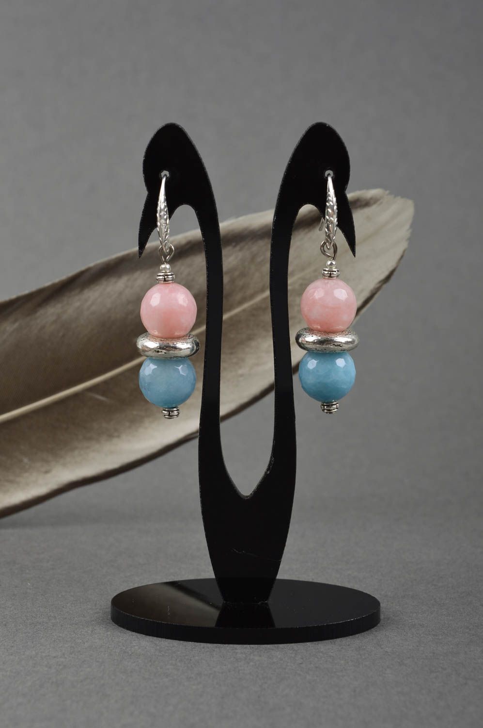 Boucles d'oreilles agate Bijou fait main rose-bleu design Cadeau pour femme photo 1