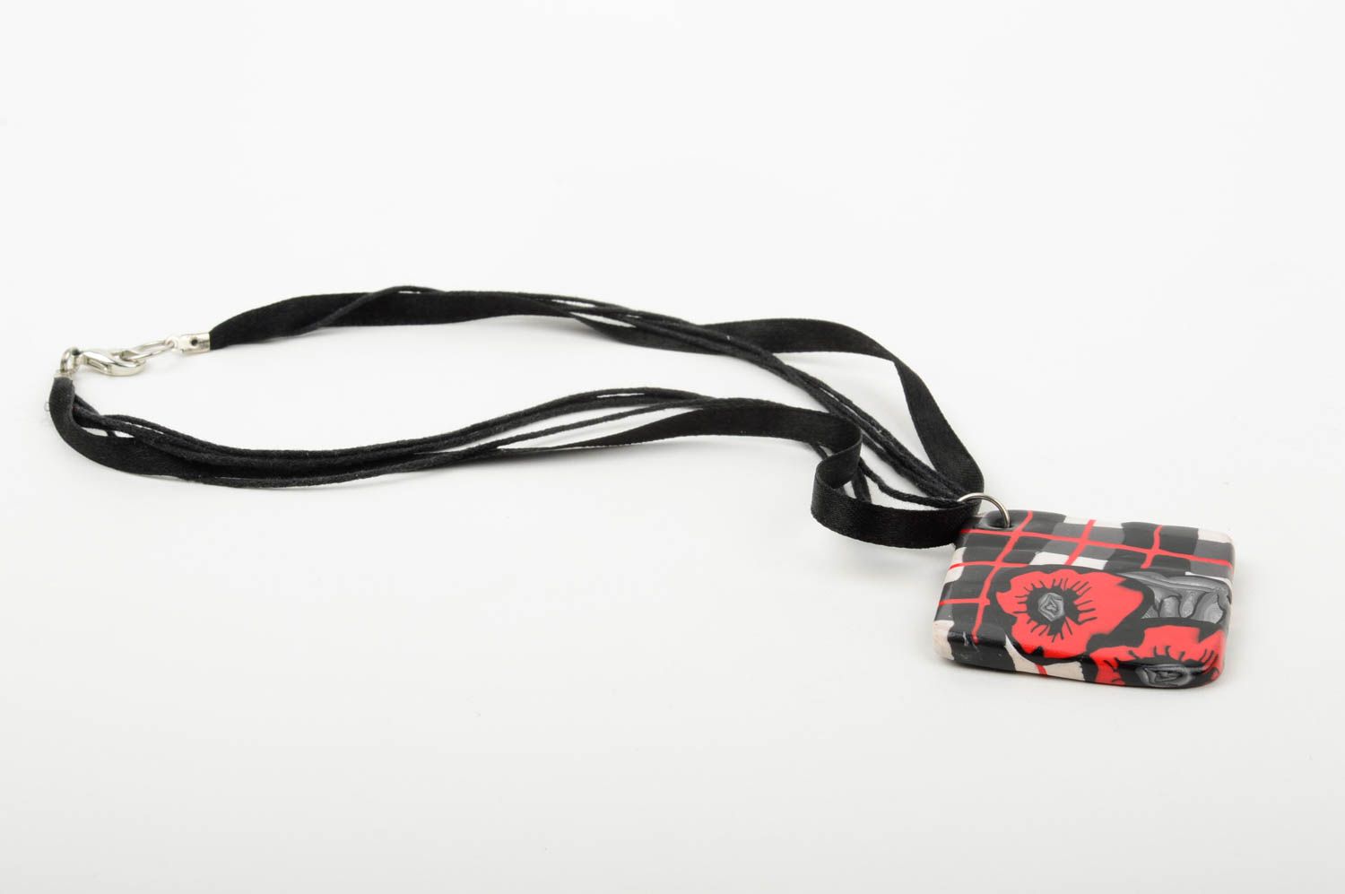 Handmade unusual pendant accessory made of clay stylish pendant on lace photo 2