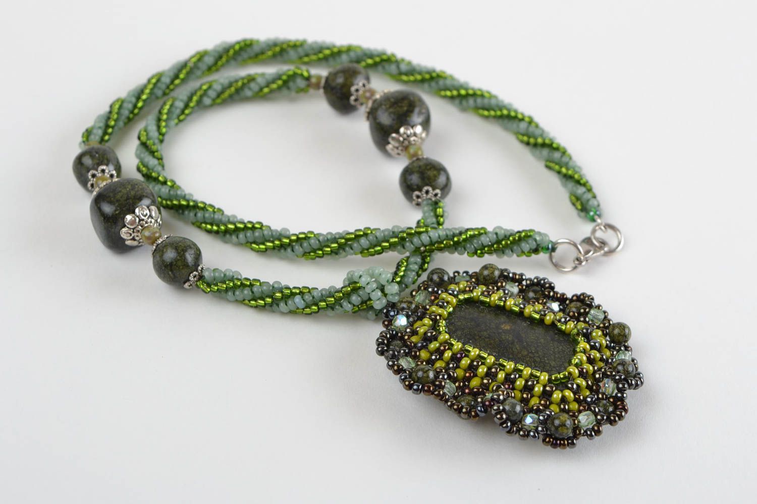 Beautiful green handmade massive beaded pendant with natural stones photo 5
