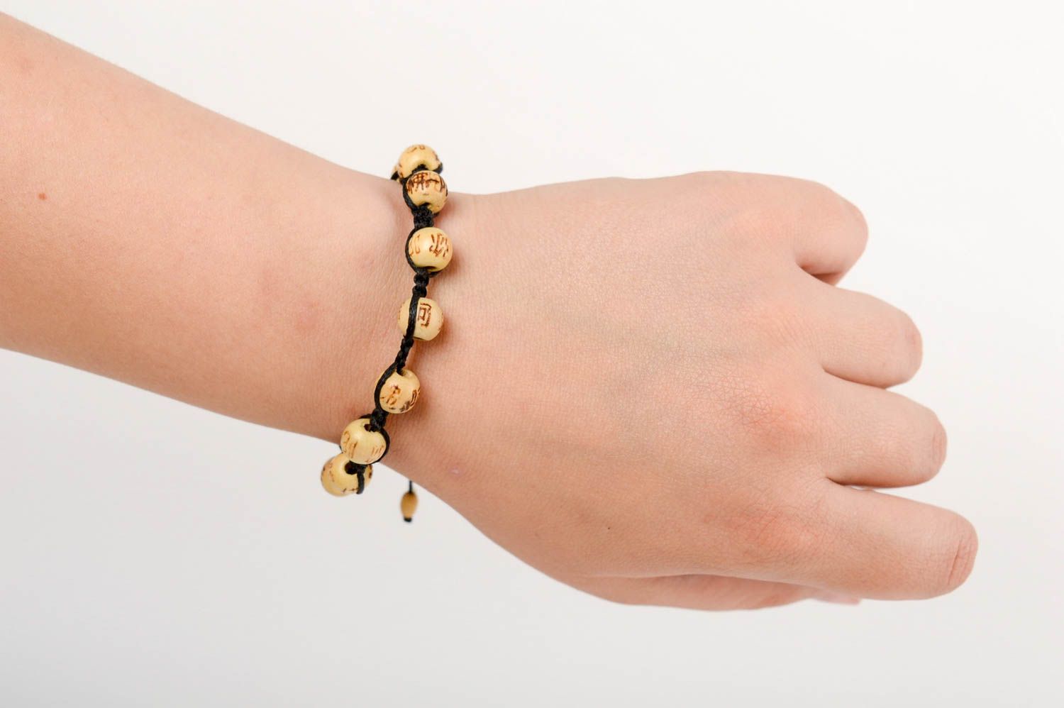 Handmade designer wrist bracelet woven of cord and wooden beads unisex photo 5