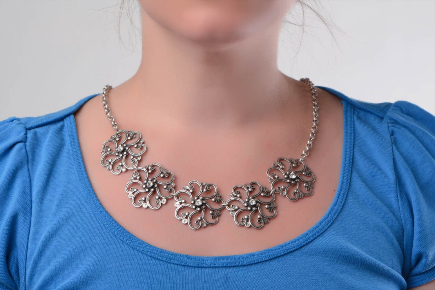 Beautiful unusual handmade metal flower necklace on chain photo 1