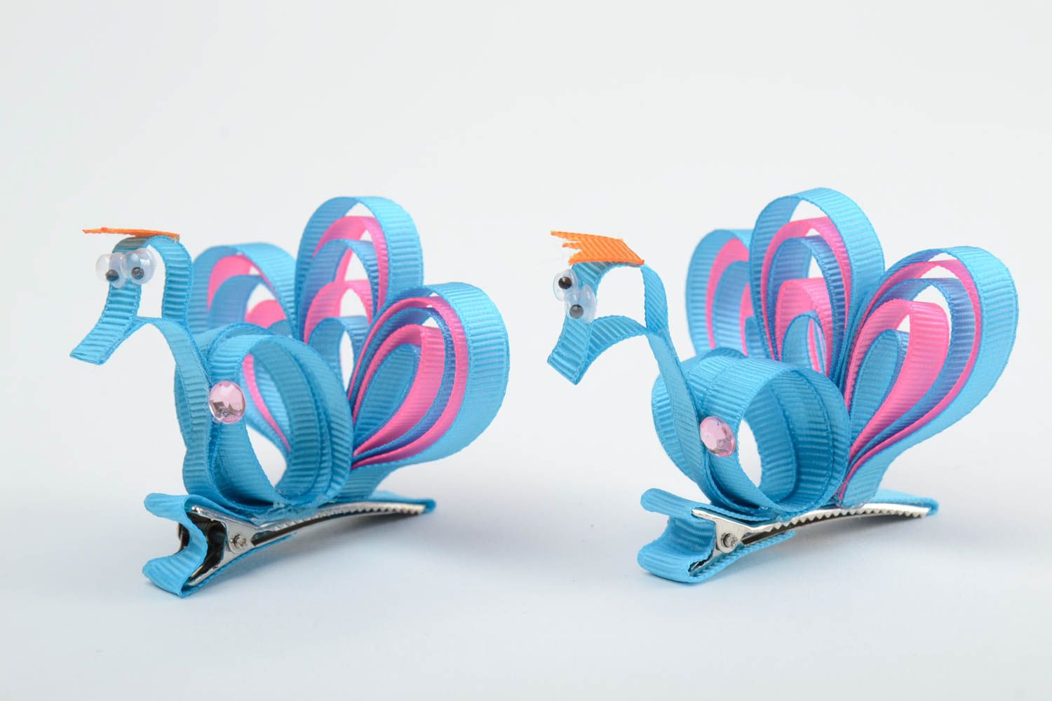 Set of handmade decorative hair clips with volume rep ribbon peacocks 2 items photo 3
