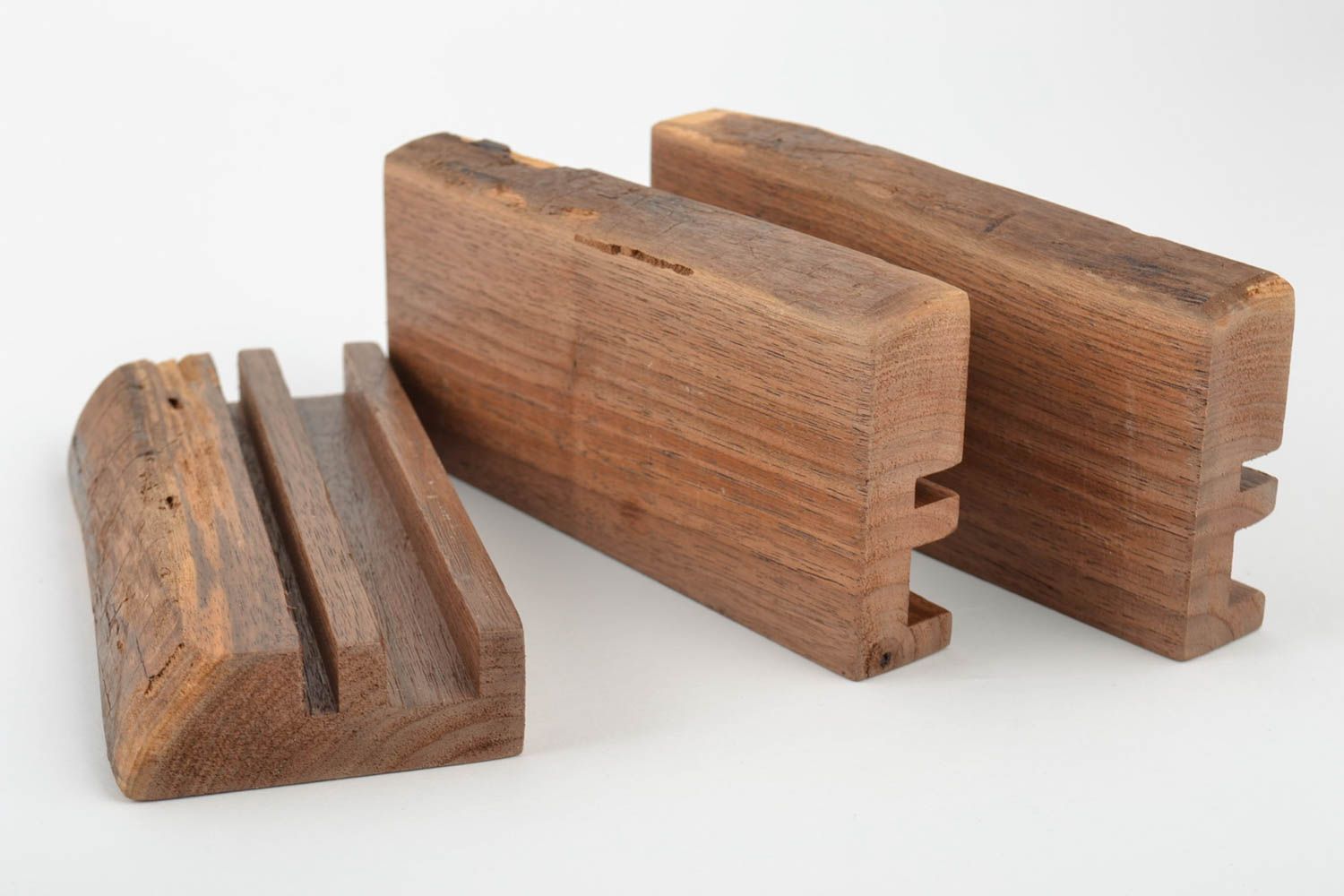 Set of 3 handmade stylish convenient desk tablet stands wooden brown varnished photo 4
