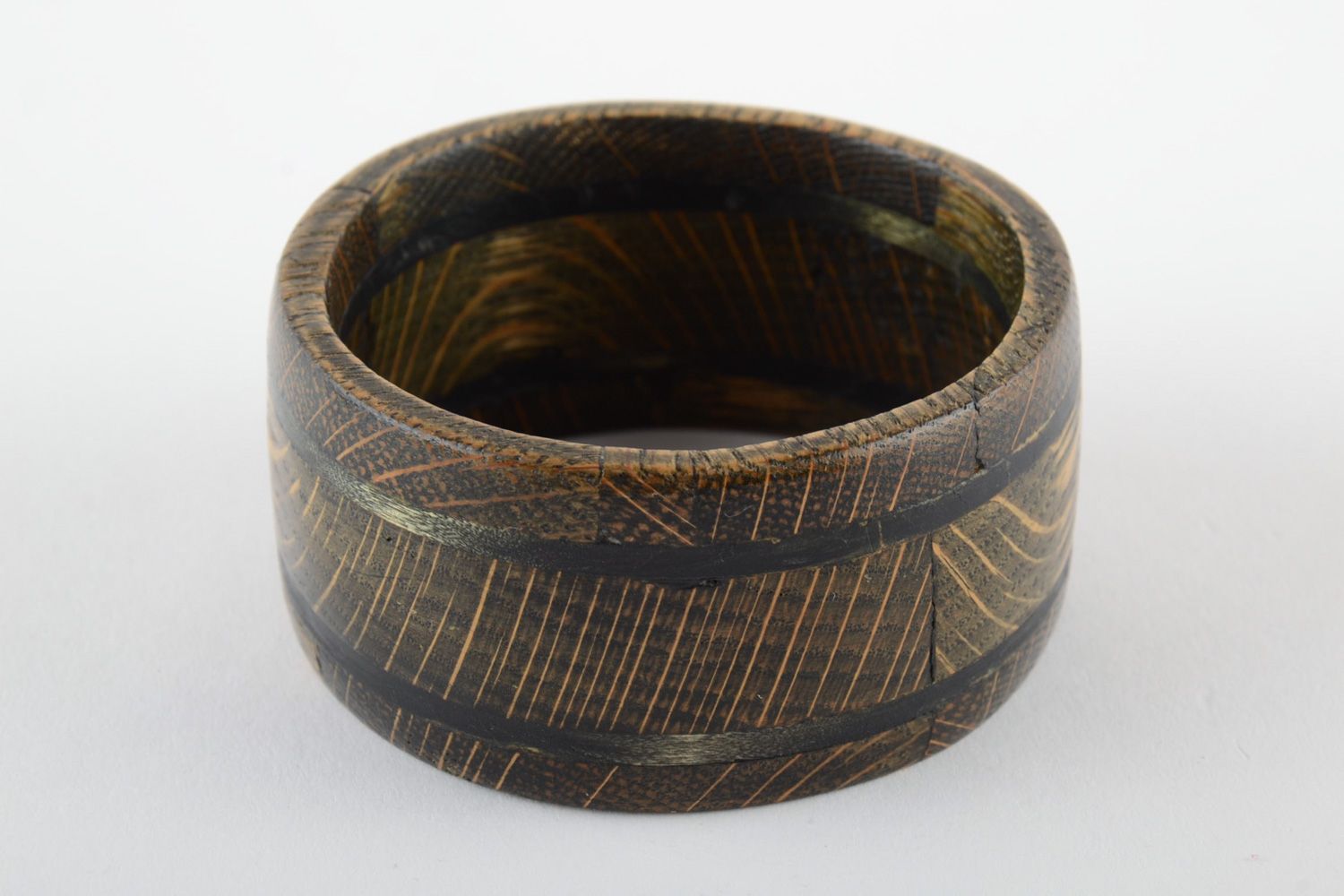 Broad handmade carved tinted wooden wrist bracelet with inlay for women photo 1