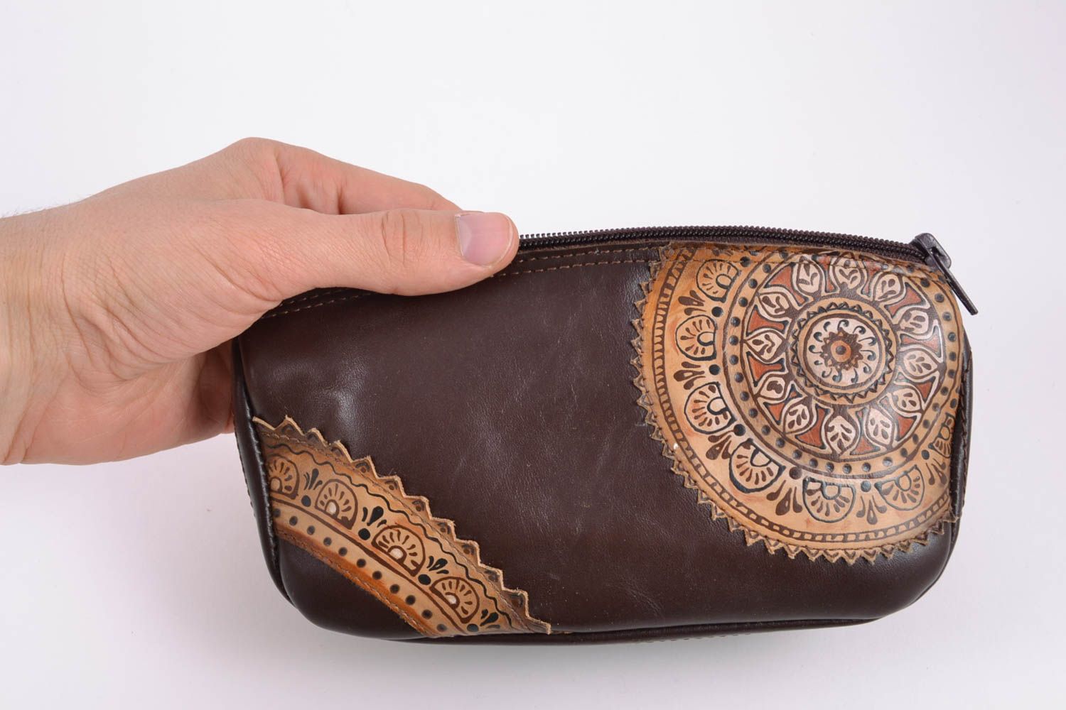 Handmade leather cosmetic bag of brown color photo 2