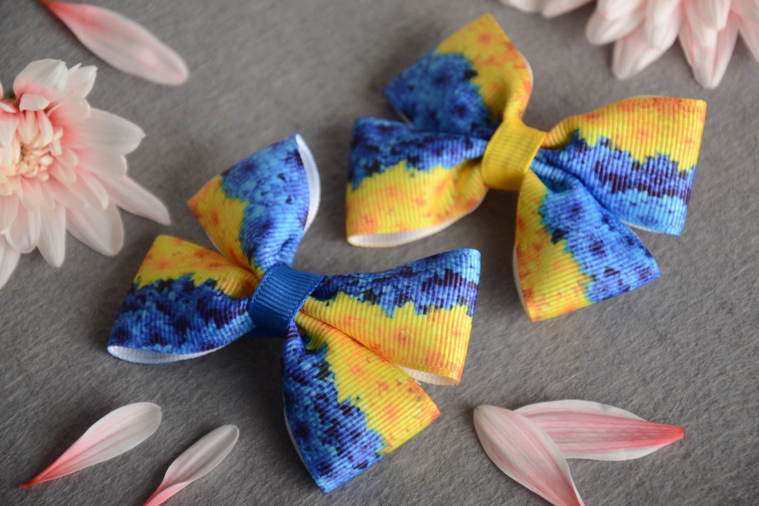 Hair clips in the form of bows handmade blue with yellow barrettes 2 pieces photo 1