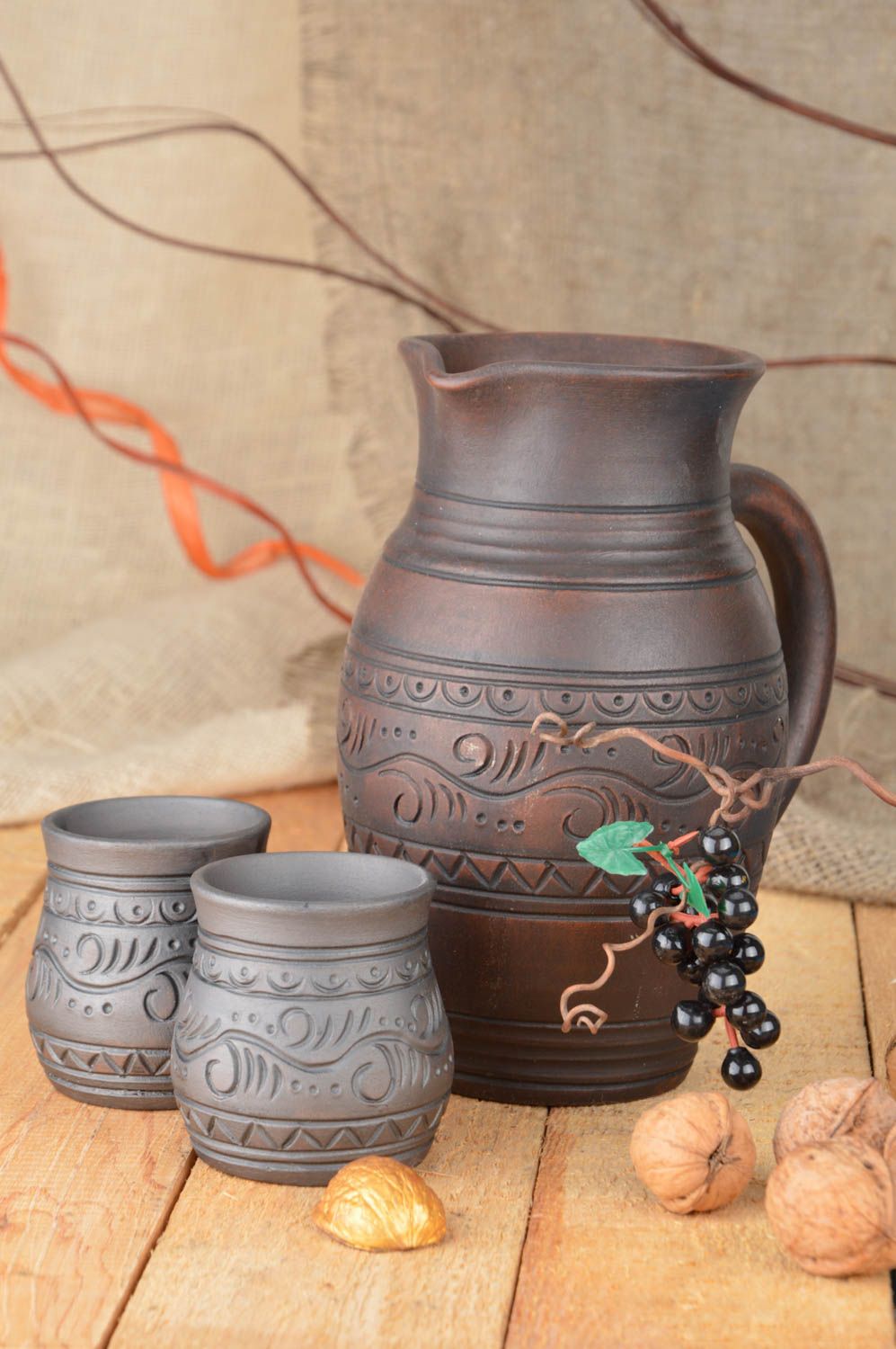 60 oz ceramic milk jug's set with two milk glasses with handmade pattern in brown color 2,5 lb photo 1