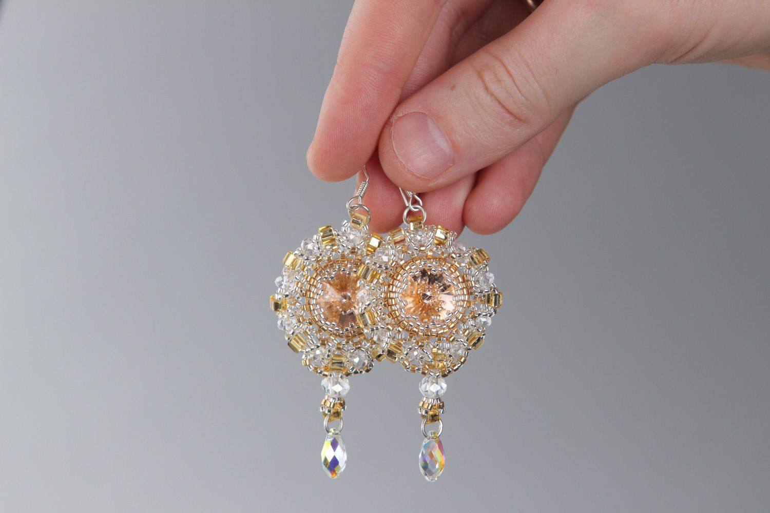 Handmade dangle beaded earrings in tender golden and white color palette photo 3
