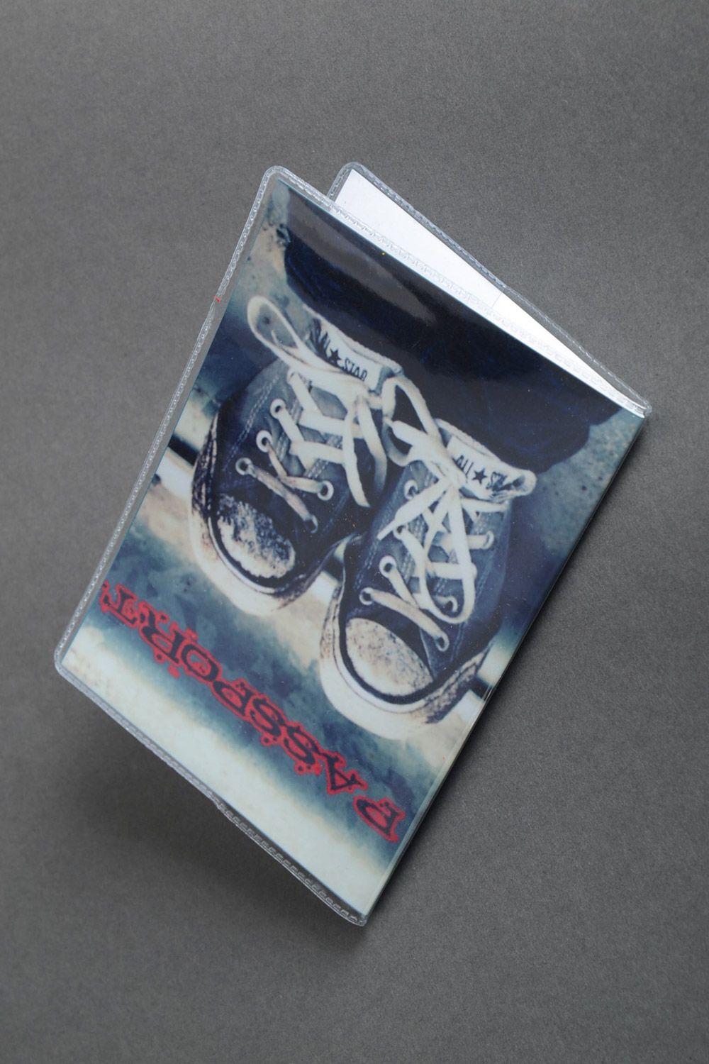 Handmade gray plastic passport cover with sneakers photo print photo 2