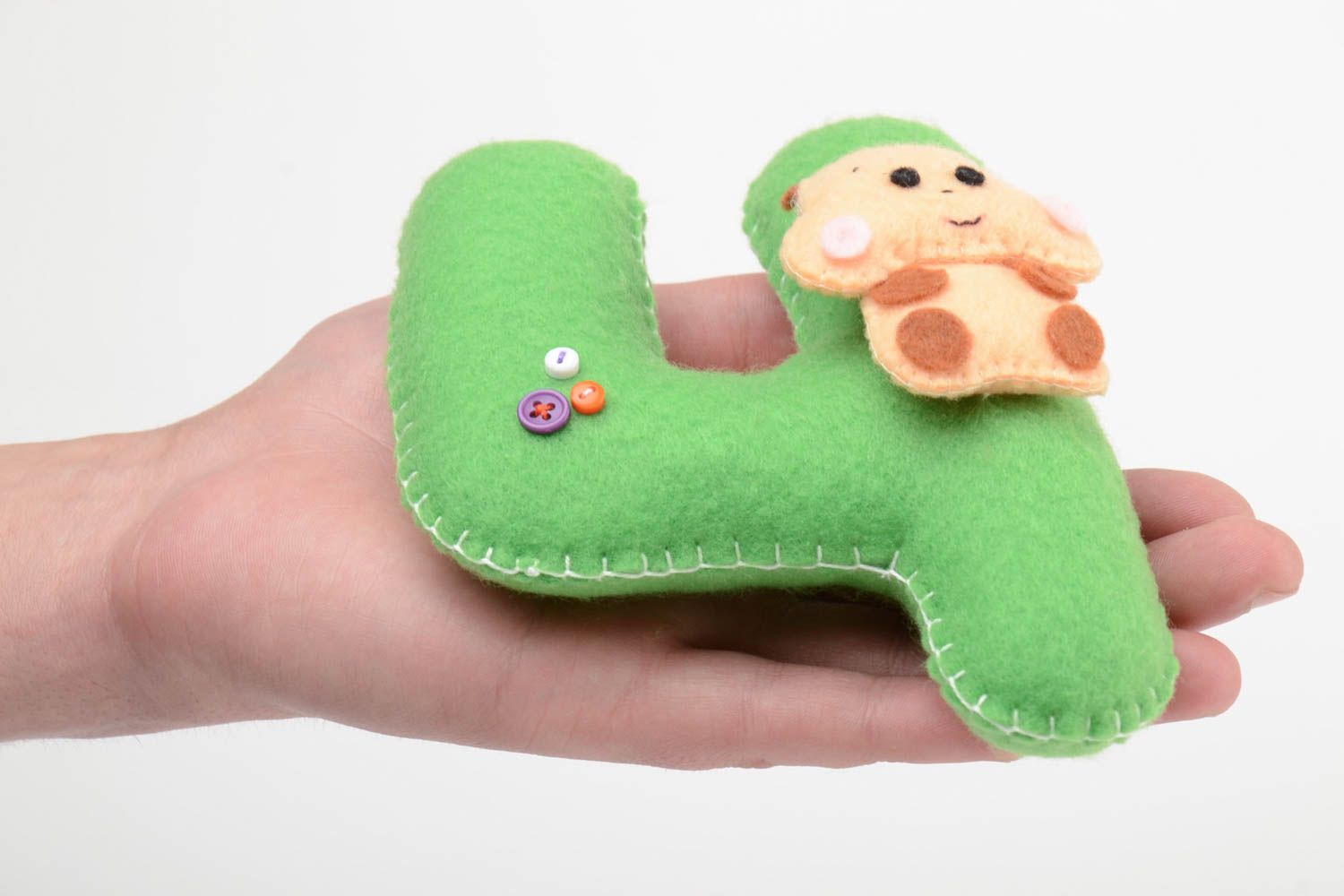 Handmade small green felt educational soft toy number four with decor for kids photo 5