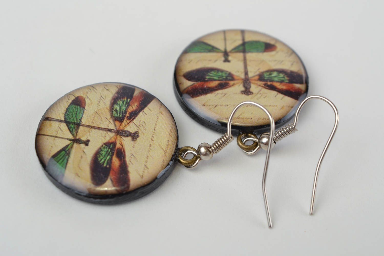 Handmade polymer clay decoupage round earrings with epoxy resin Dragonflies  photo 3