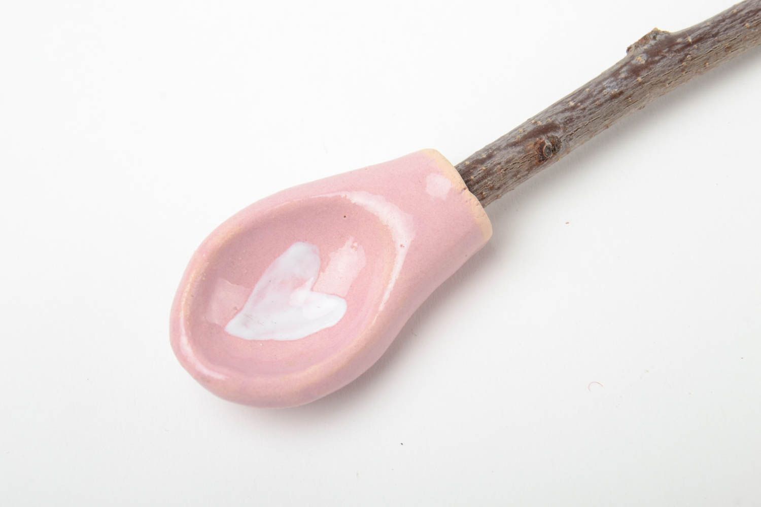 Schöner rosa Gewürze Löffel aus Ton mit Stiel aus Aprikosenzweig handmade für Küche foto 4