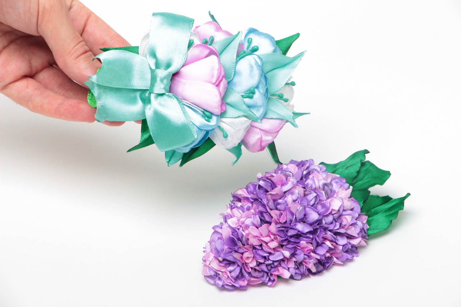 Blumen Haarspangen aus Atlas Set 2 Stück handgeschaffen grell für junge Damen foto 5