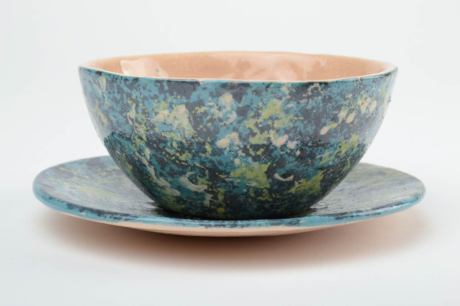 Handmade decorative painted glazed ceramic bowl 500 ml and saucer set of 2 items photo 3