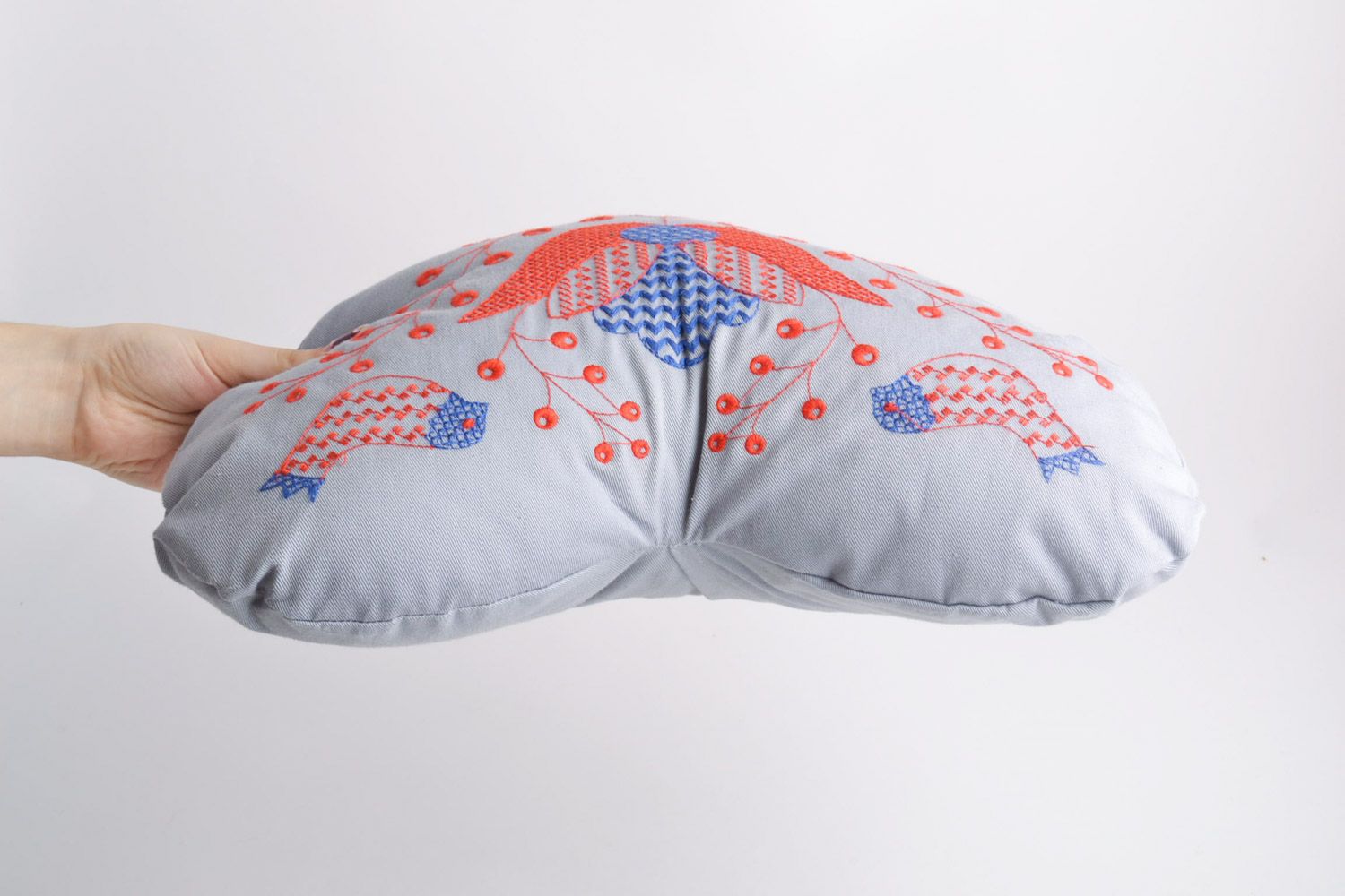 Handmade heart-shaped accent pillow sewn of light fabric with ethnic embroidery photo 5