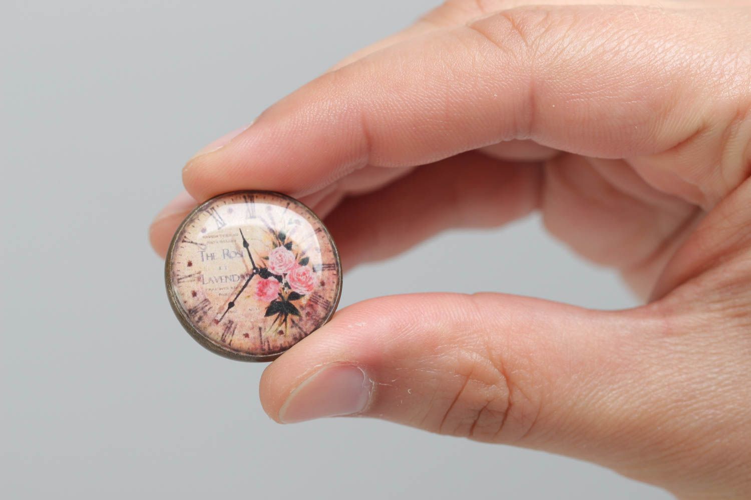 Handmade designer round metal and glass glaze jewelry ring with clock image photo 5