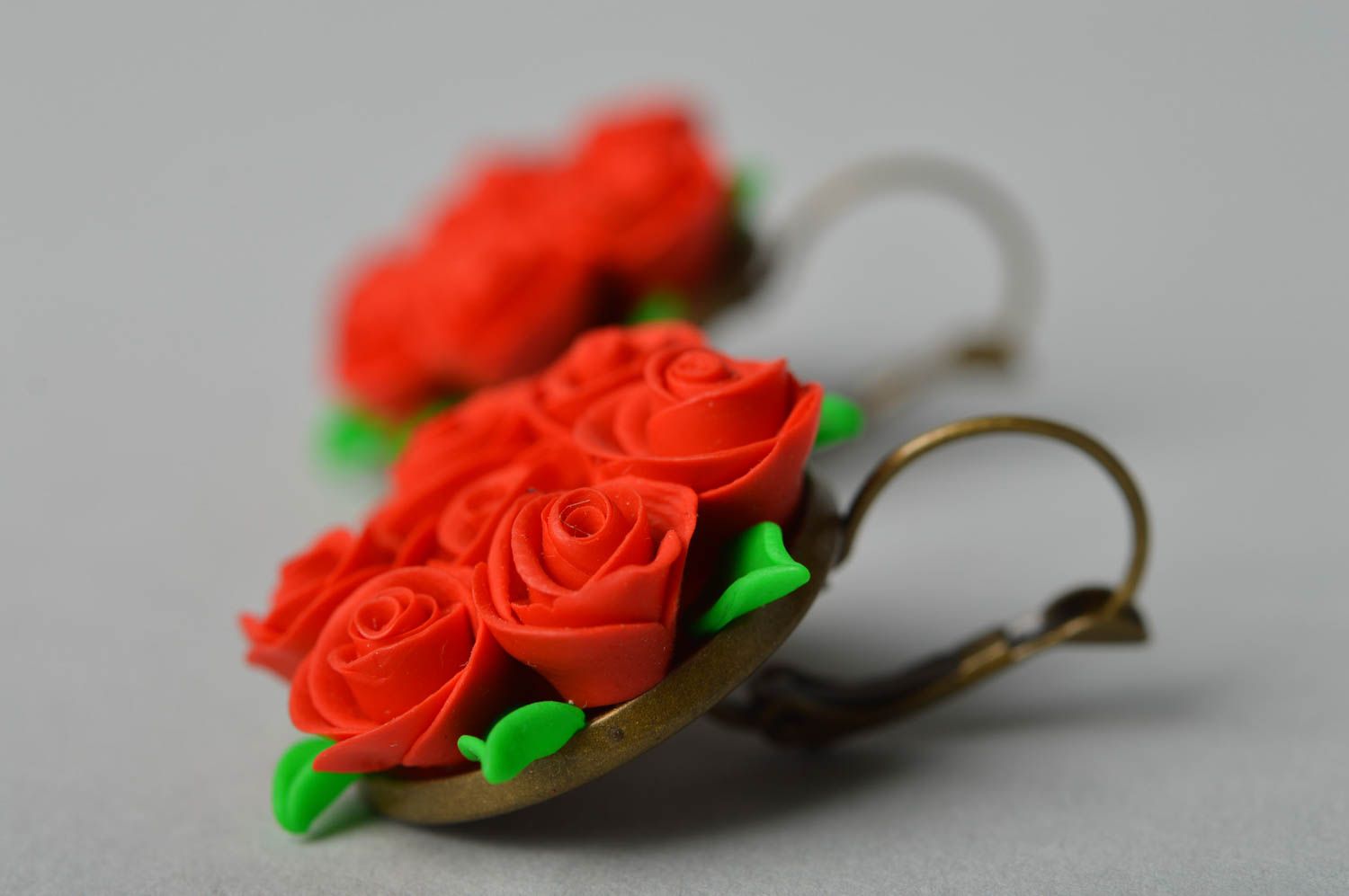 Handmade plastic earrings with roses red earrings made of polymer clay photo 1