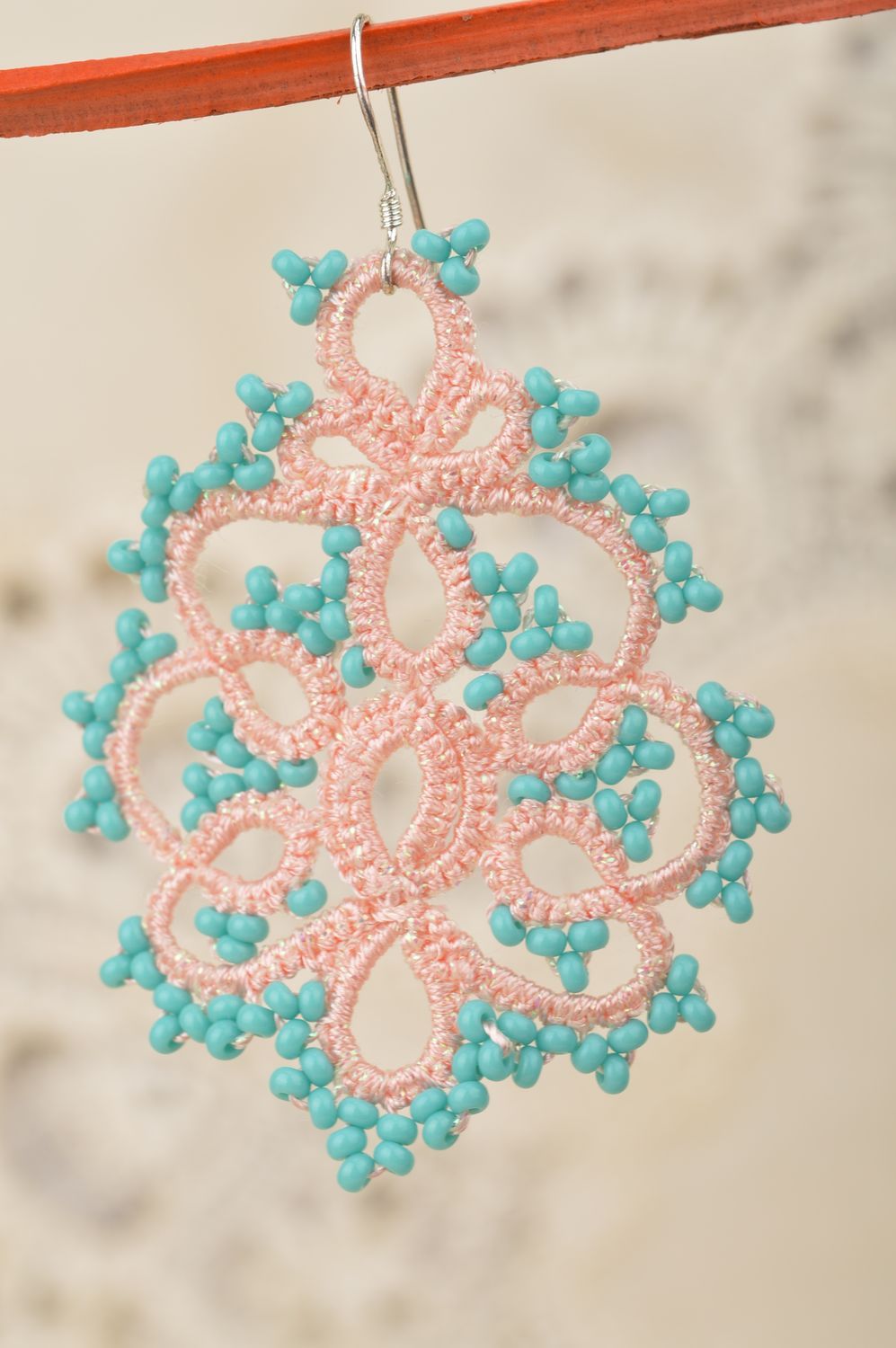 Beautiful homemade designer jewelry set tatting lace earrings and bracelet photo 3